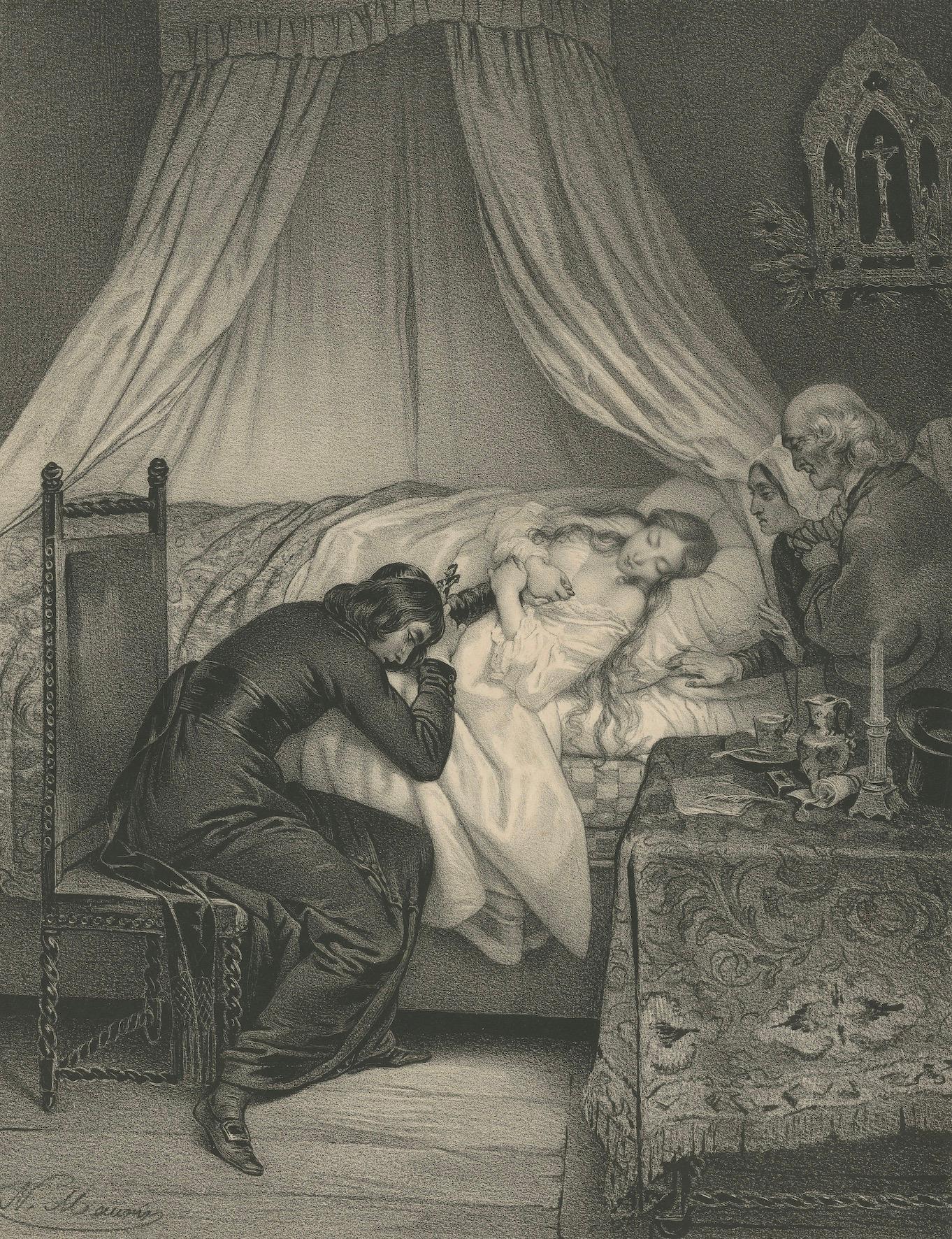 La Mort de Laurence - Litografía romántica de Jocelyn de Lamartine, hacia 1840 en venta 3