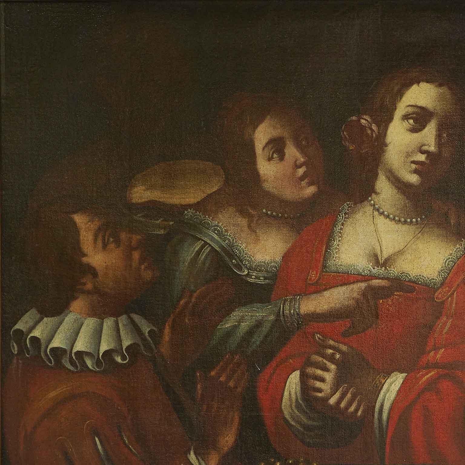Peinture italienne du XVIIe siècle Banquet avec figures Memento Mori de Giovanni Martinelli, intitulée La mort arrive à la table du banquet,  vanité d'environ 1635. La peinture à l'huile sur toile s'inspire de l'œuvre la plus célèbre du peintre