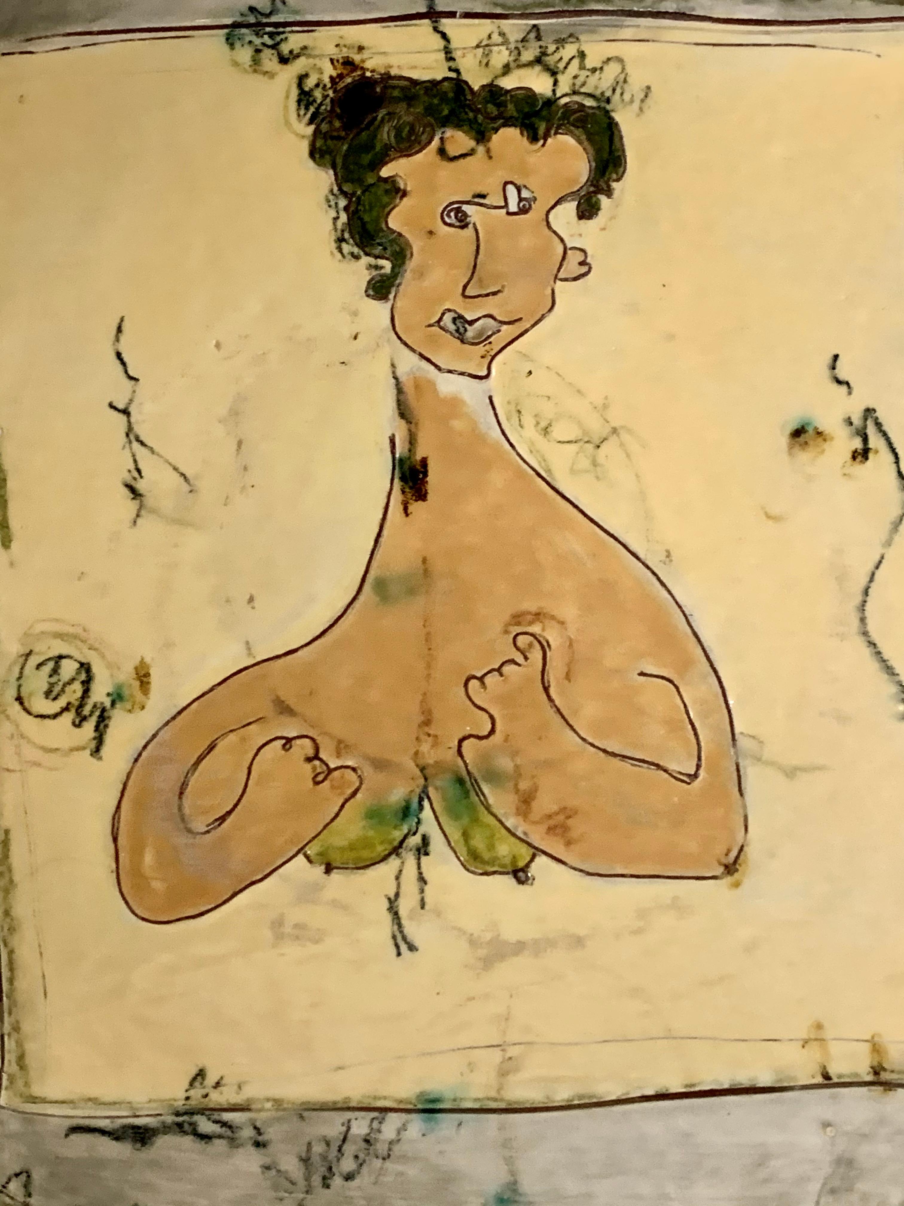 Un magnifique chargeur en poterie émaillée de style Picasso avec un portrait intitulé 