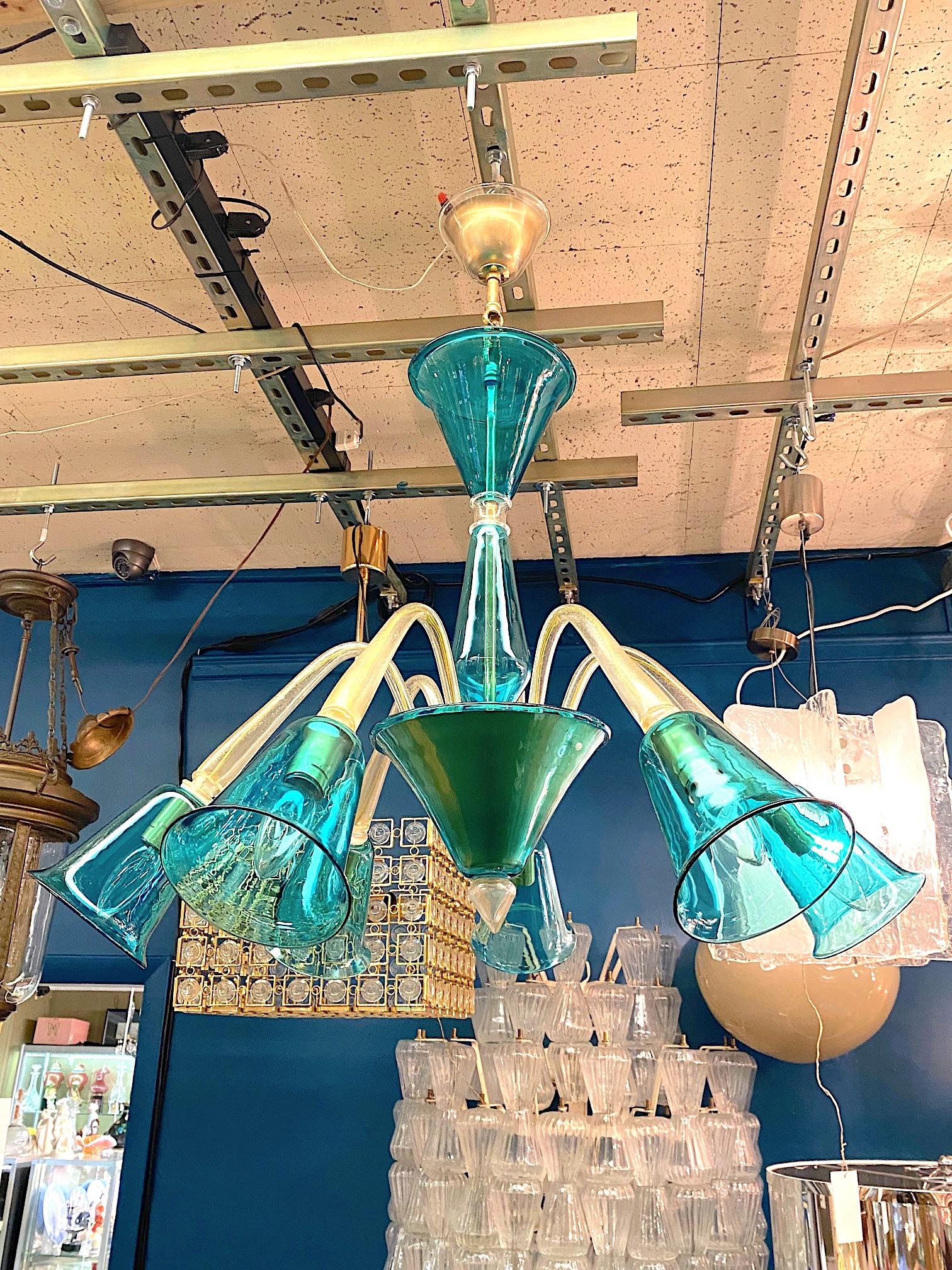 Postmoderne La Murrina 1980 Teal & Clear with Gold Aventurine Murano  Lustre en verre en vente