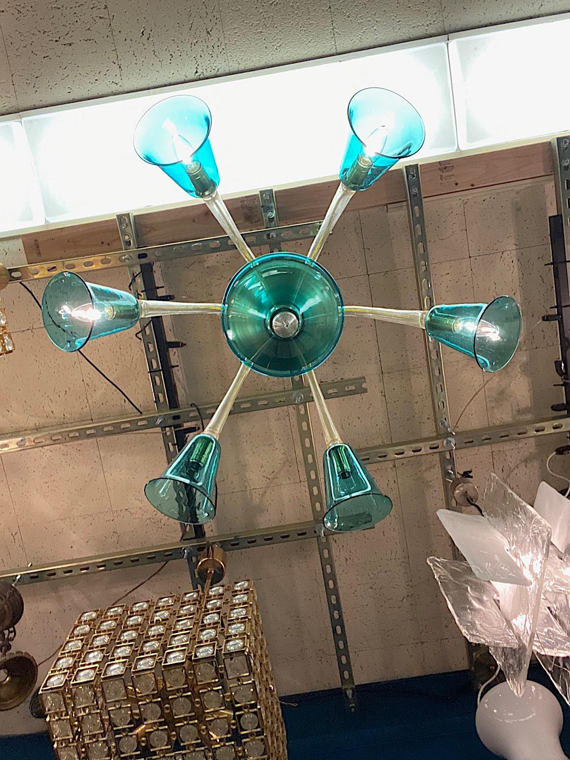 italien La Murrina 1980 Teal & Clear with Gold Aventurine Murano  Lustre en verre en vente