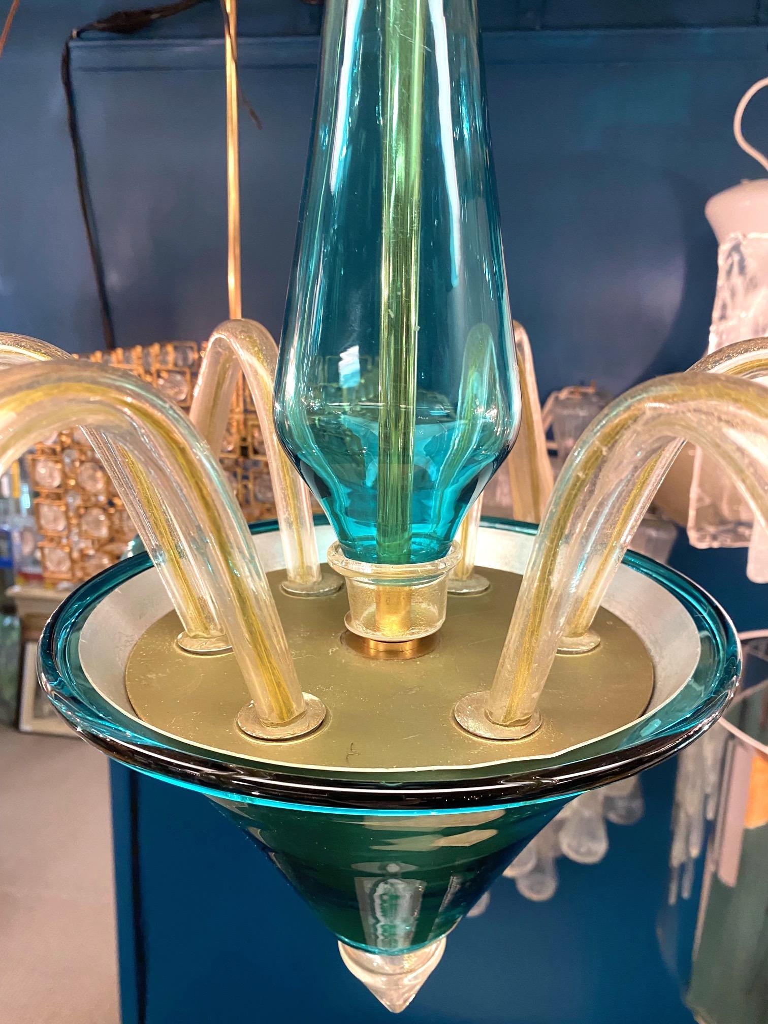 Fin du 20e siècle La Murrina 1980 Teal & Clear with Gold Aventurine Murano  Lustre en verre en vente