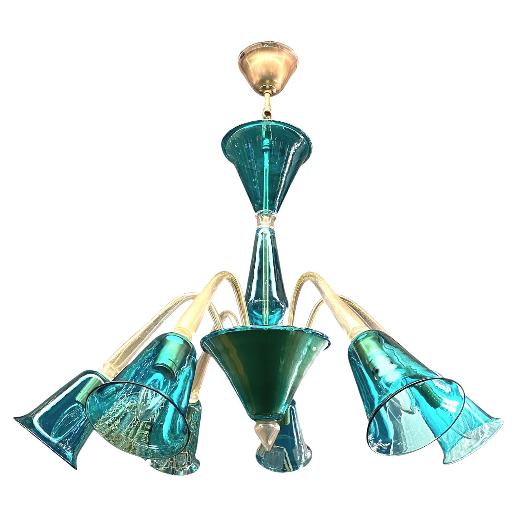 La Murrina 1980 Teal & Clear with Gold Aventurine Murano  Lustre en verre en vente