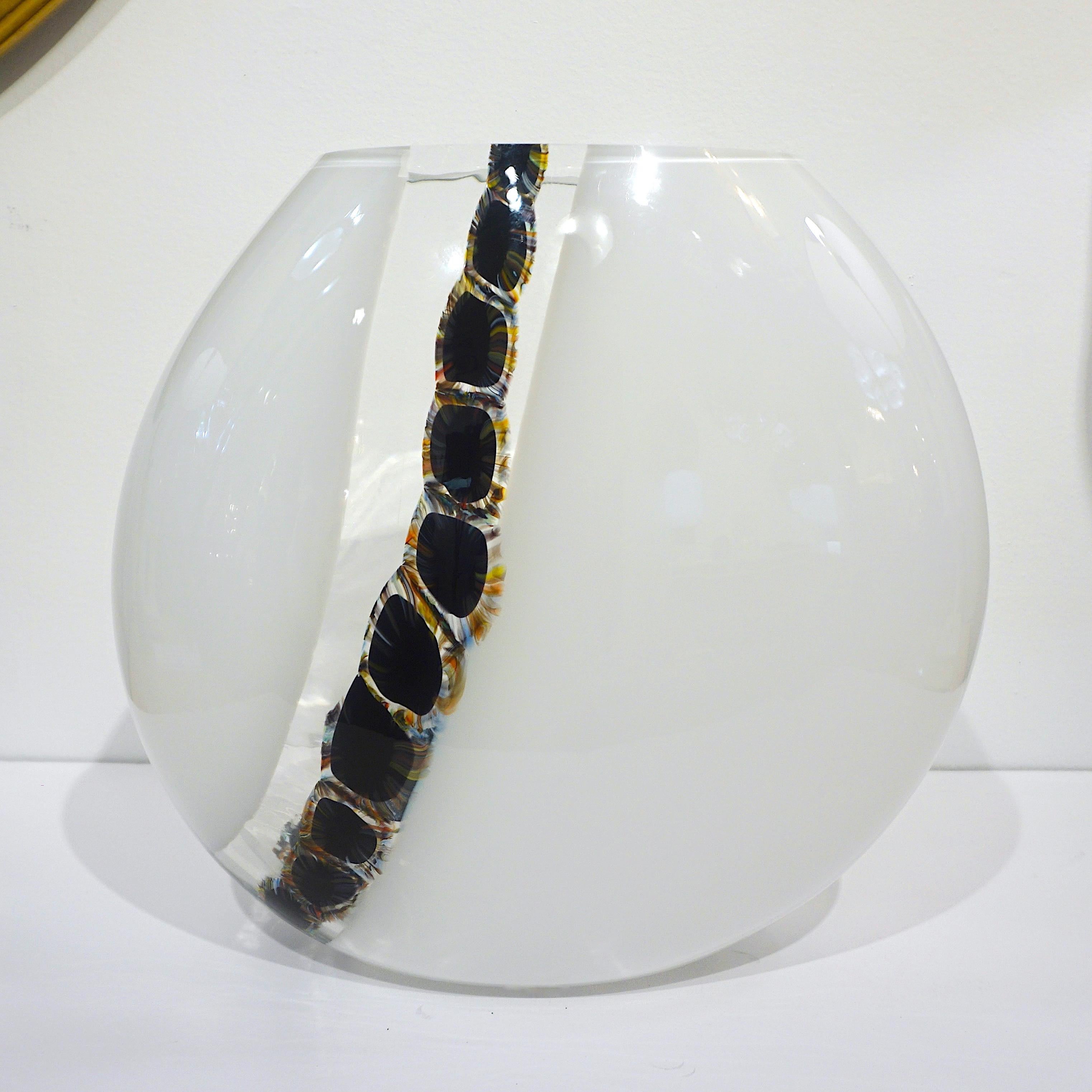 La Murrina Attribuited 1980 Black White Murano Glass Vase with Tiger Eye Murrine 6
