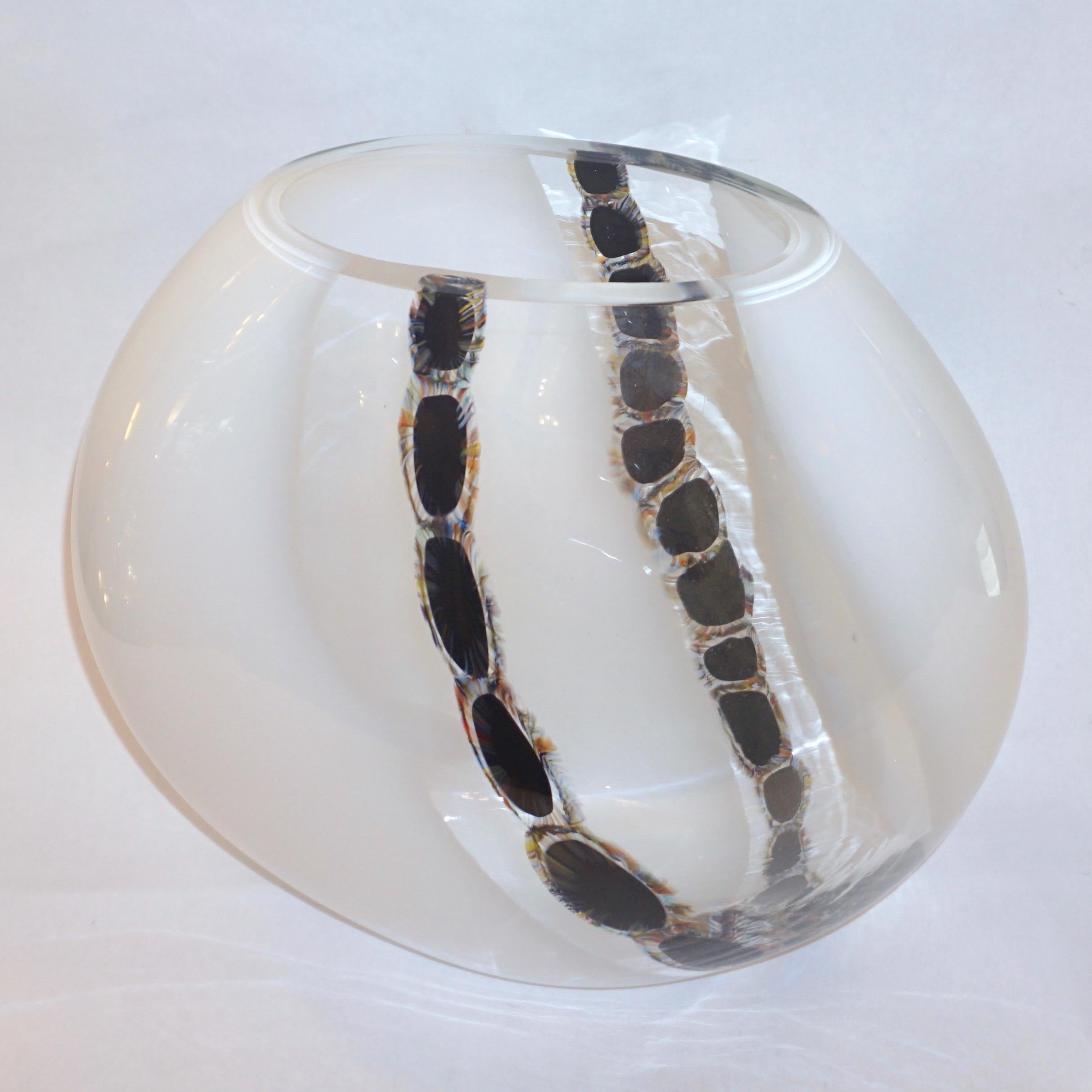 La Murrina Attribuited 1980 Black White Murano Glass Vase with Tiger Eye Murrine 7