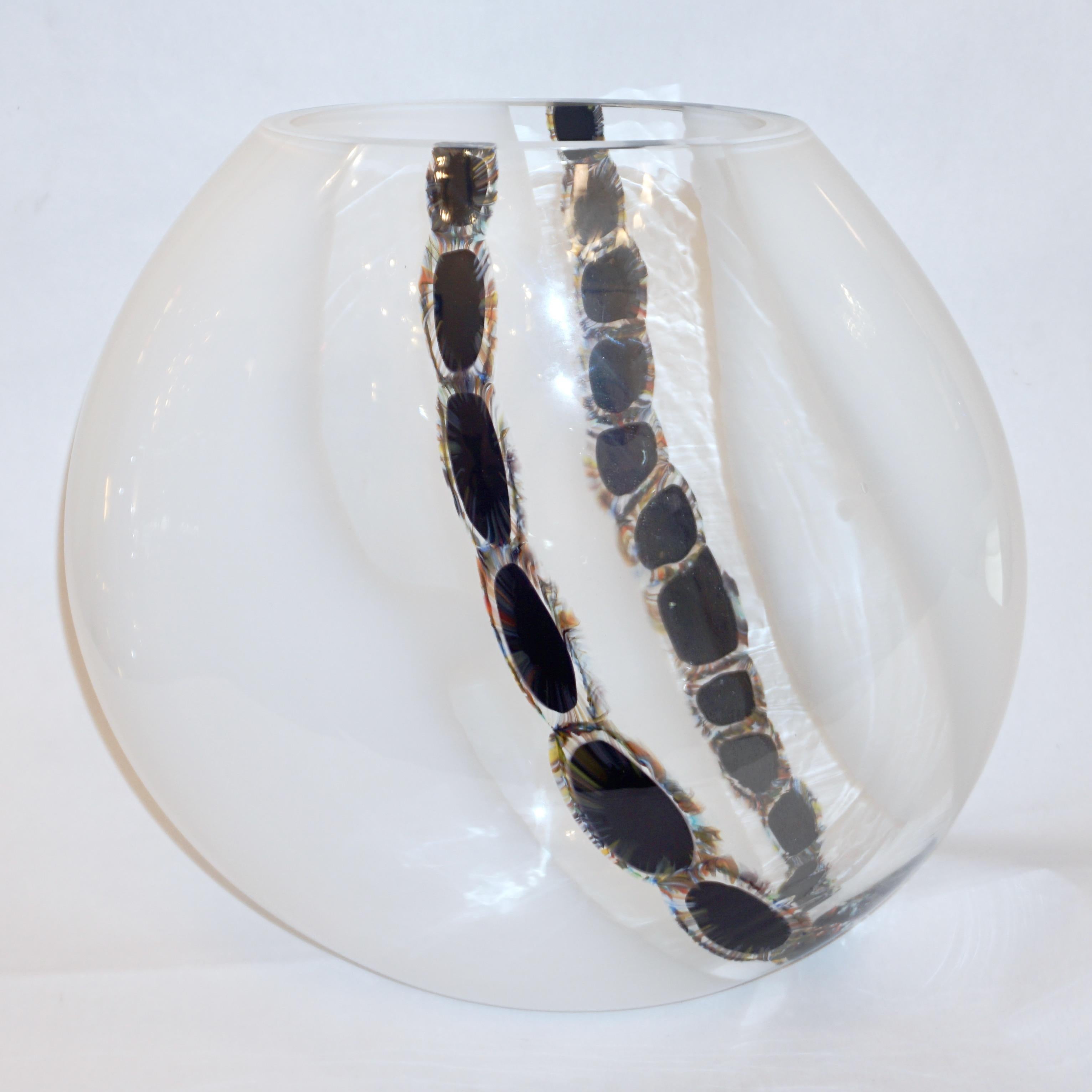 La Murrina Attribuited 1980 Black White Murano Glass Vase with Tiger Eye Murrine 9