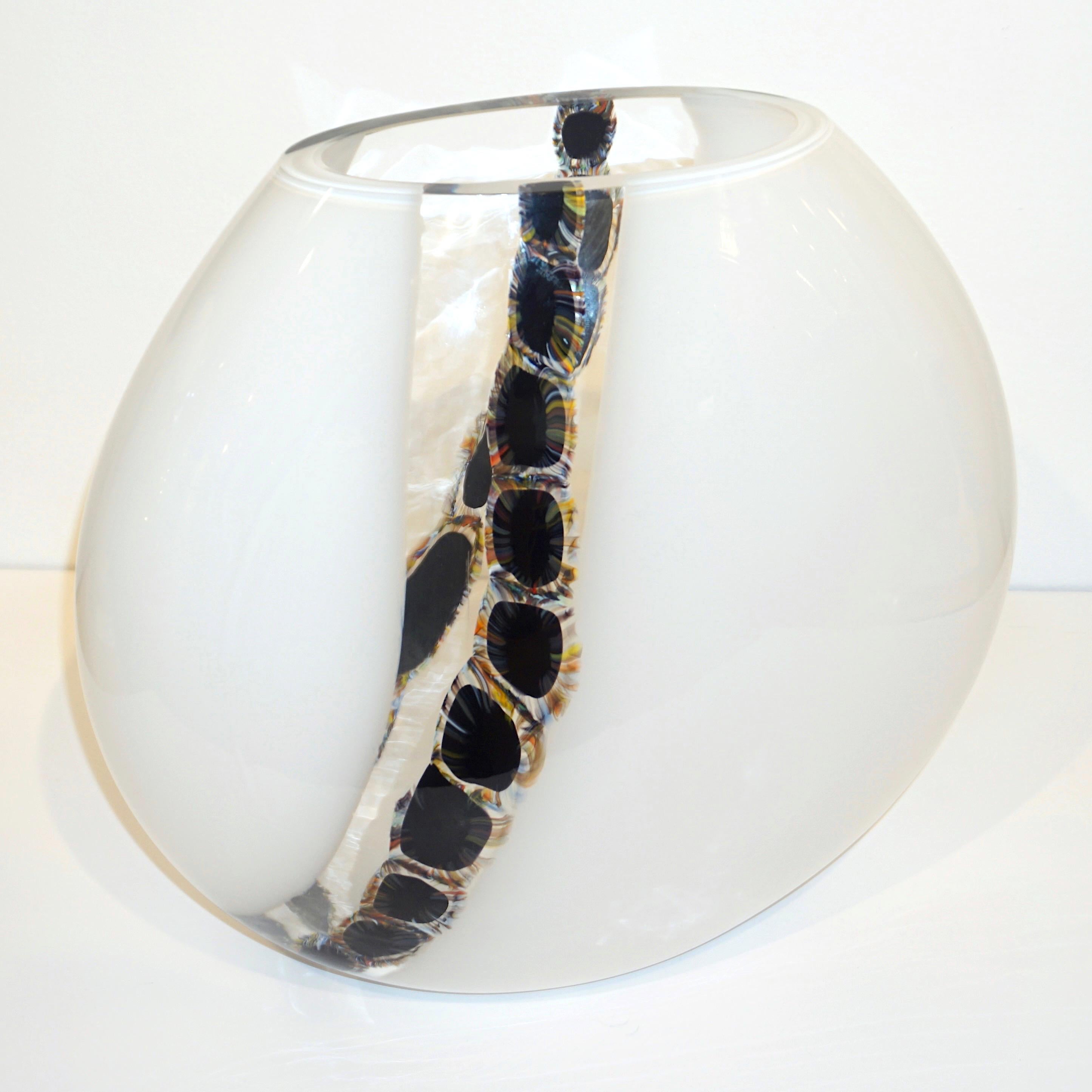 Mid-Century Modern La Murrina Attribuited 1980 Black White Murano Glass Vase with Tiger Eye Murrine