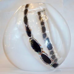 La Murrina Attribuited 1980 Black White Murano Glass Vase with Tiger Eye Murrine