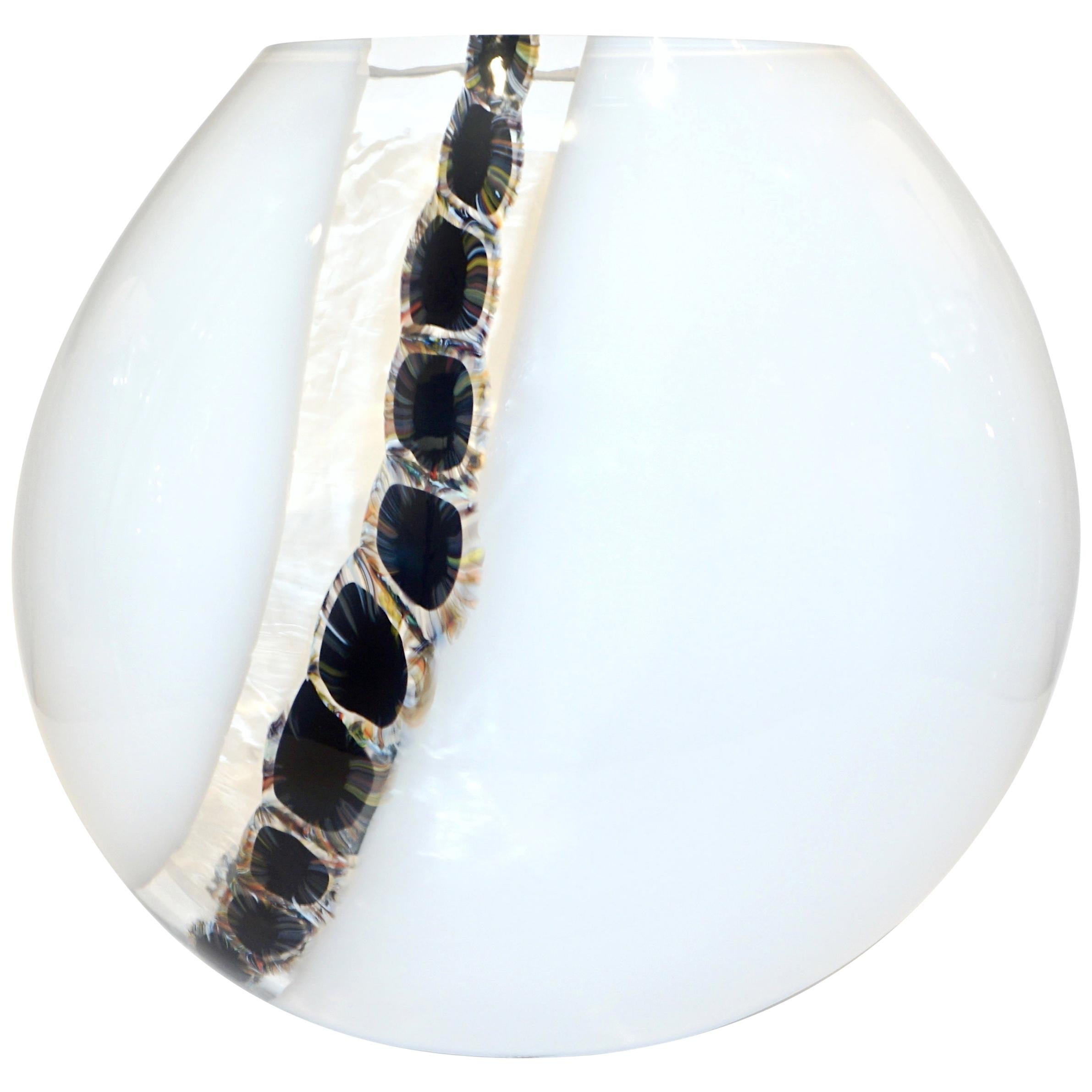 La Murrina Attribuited 1980 Black White Murano Glass Vase with Tiger Eye Murrine