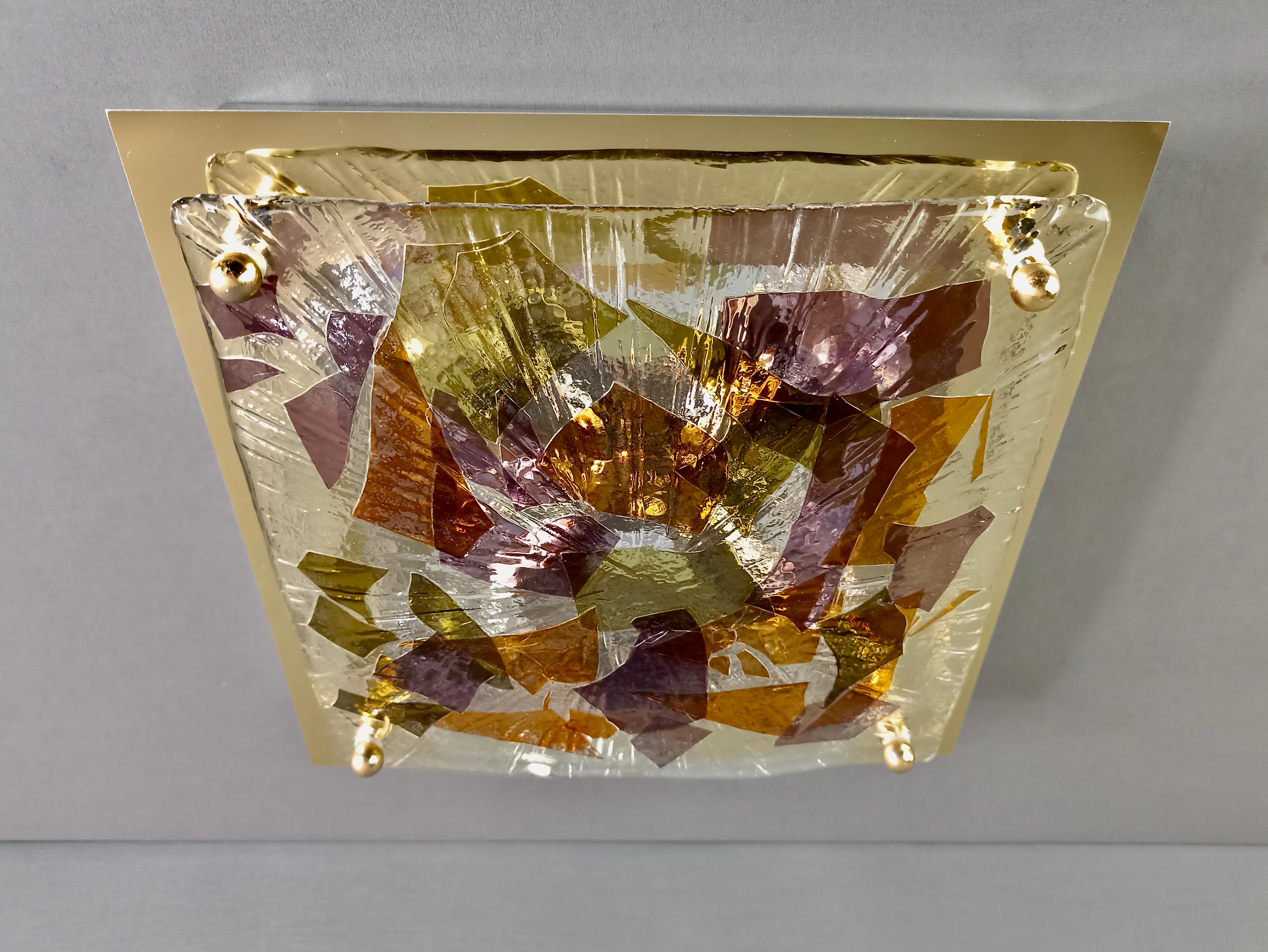 Italian La Murrina Murano 1990s four-light glass and metal flush-mount or wall lamp.  For Sale