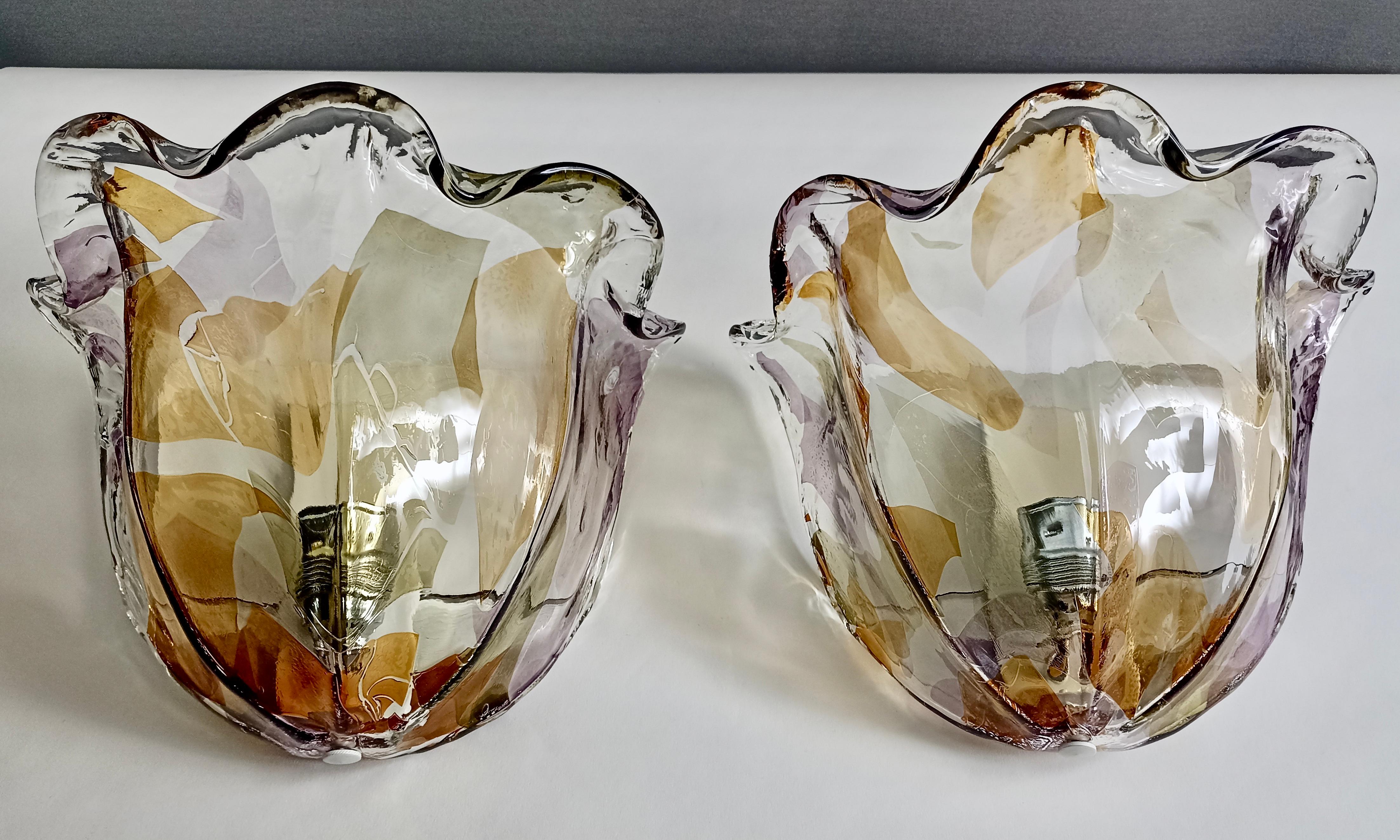 Hollywood Regency La Murrina Murano set of two extra large sconces in glass and metal. Italy, 80s.