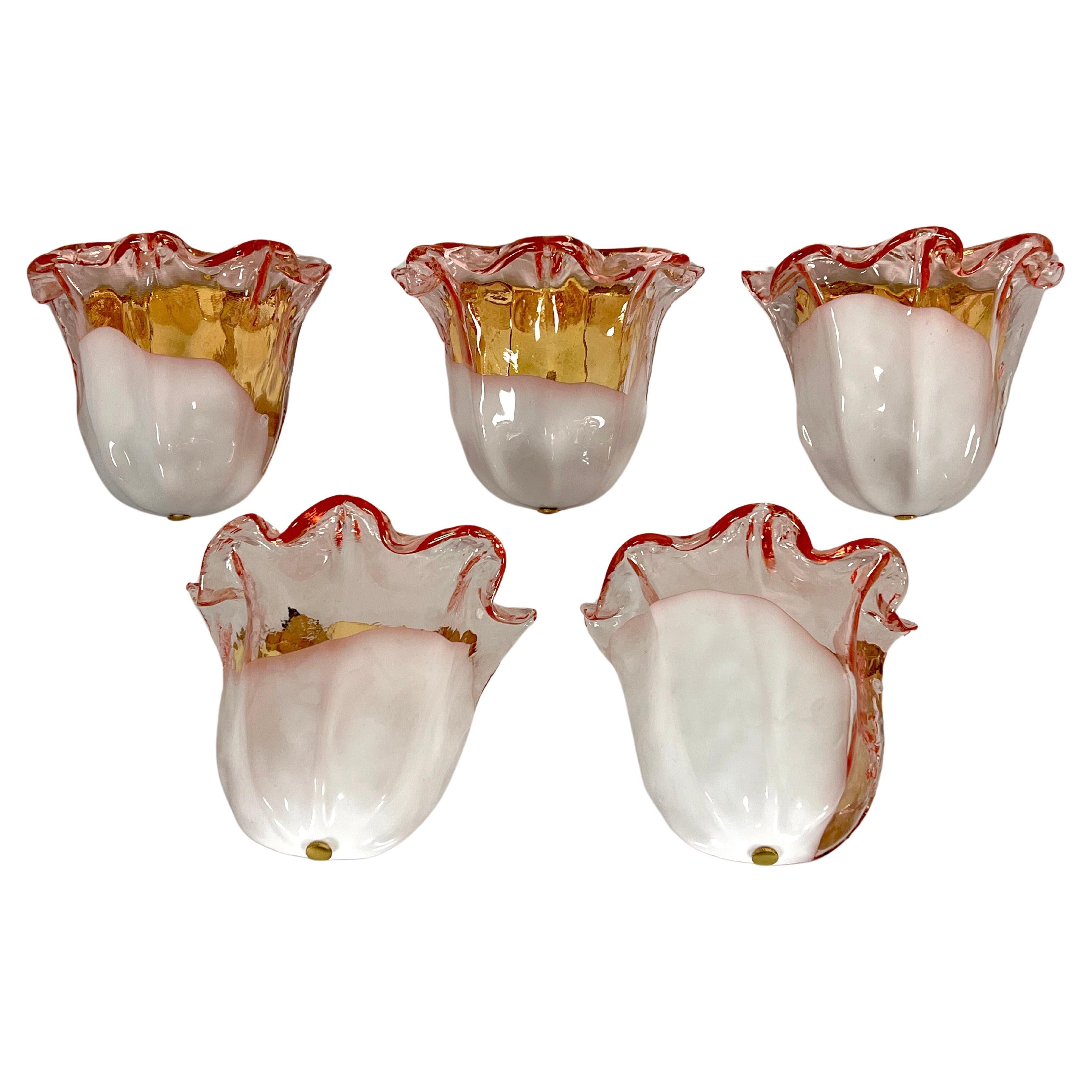 La Murrina Set of five sconces in pink and white Murano glass. Italy 1970s