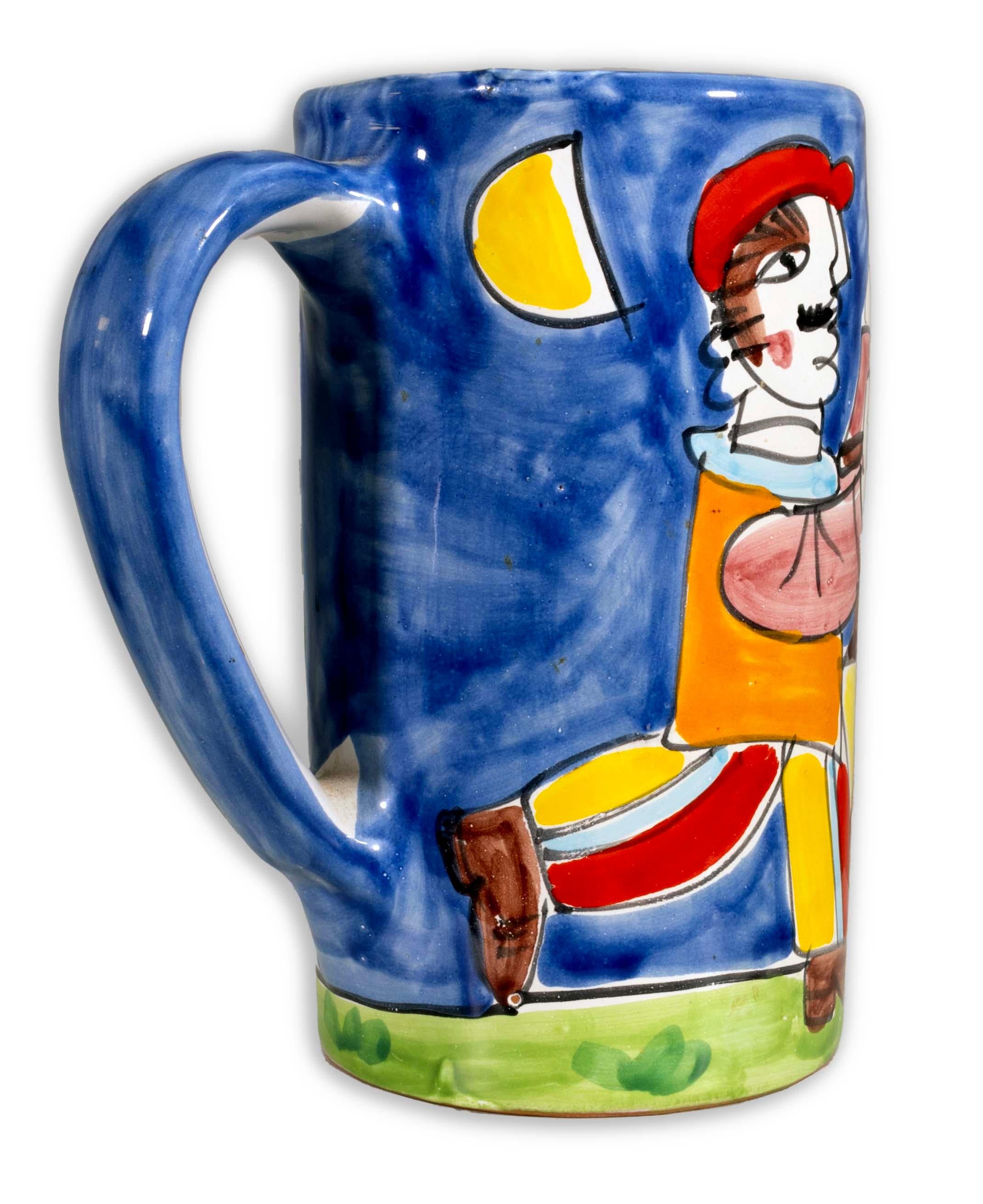 Playful and colorful, this La Musa Ceramic Pitcher captures the charming scene of a man delivering oranges, hand-painted with vibrant hues. Made in Italy, this unique piece combines functionality with artistic flair, making it an eye-catching