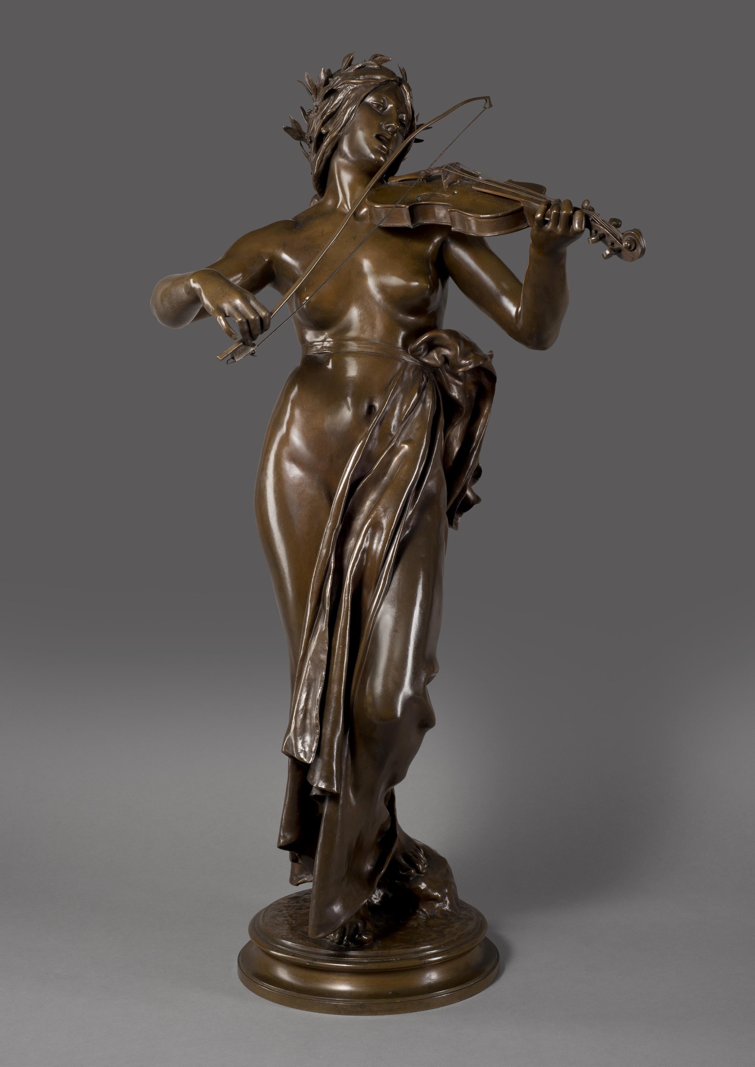 'La Musique' - a fine patinated bronze figural sculpture of a violinist, by Eugène Delaplanche, cast by Ferdinand Barbedienne.

French, circa 1872.

Signed and dated 'E. DELAPLANCHE 72'.
Foundry mark for 'F. BARBEDIENNE. Fondeur. Paris'.
'A.