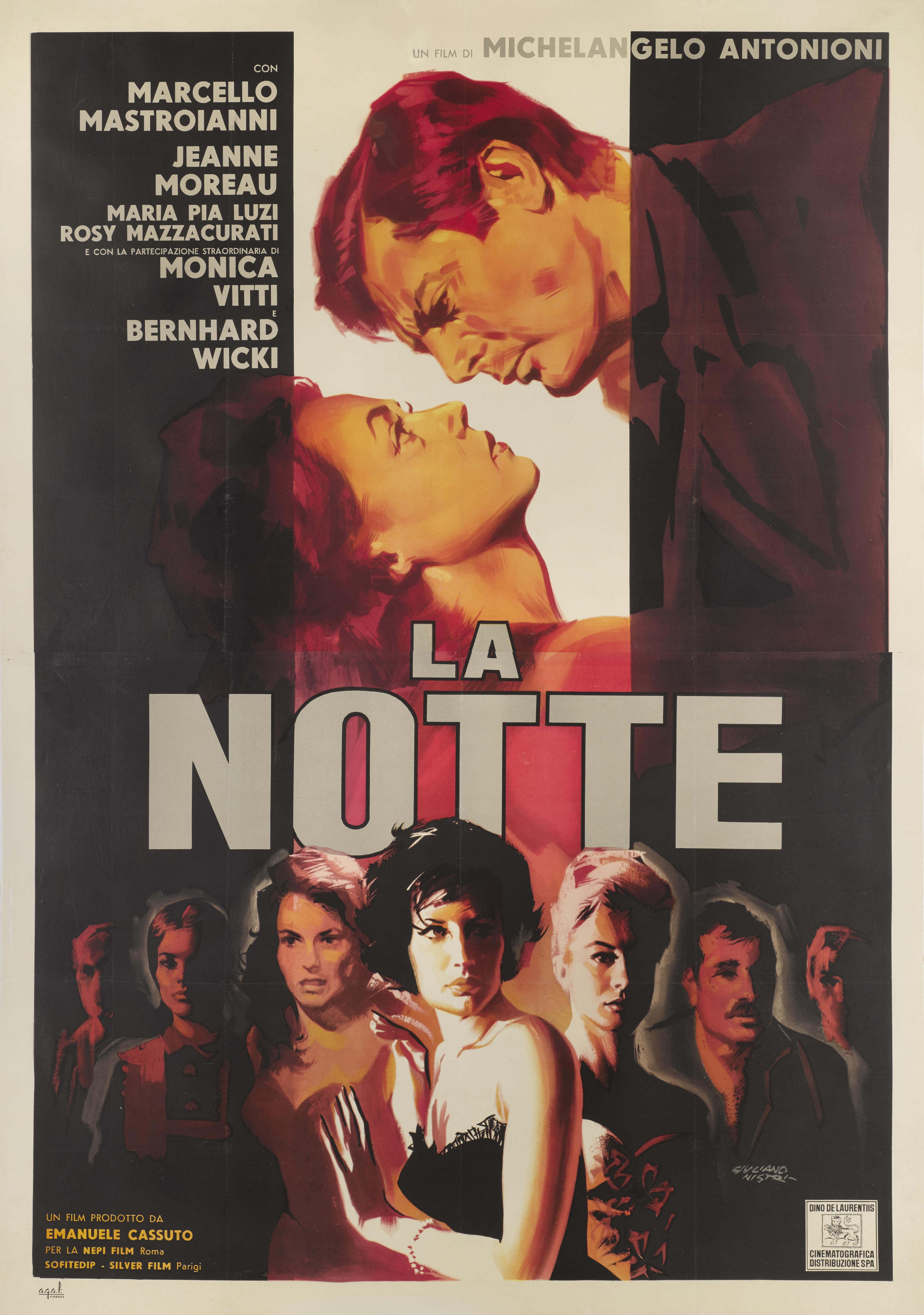 Original Italian film poster for Michelangelo Antonioni 1961 drama.
The film starred Marcello Mastroianni, Jeanne Moreau, Monica Vitti.
The artwork is by the Italian poster artist Guiliano Nistri (dates known)
This Italian poster was printed in