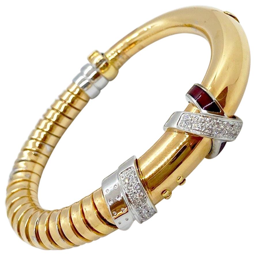 La Nouvelle 18 Karat Gold Bracelet with .59 Carat Diamonds and Burgundy Enamel For Sale