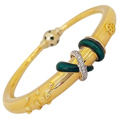 La Nouvelle Bague 18 Karat Gold Bangle Bracelet with Diamonds and Green Enamel