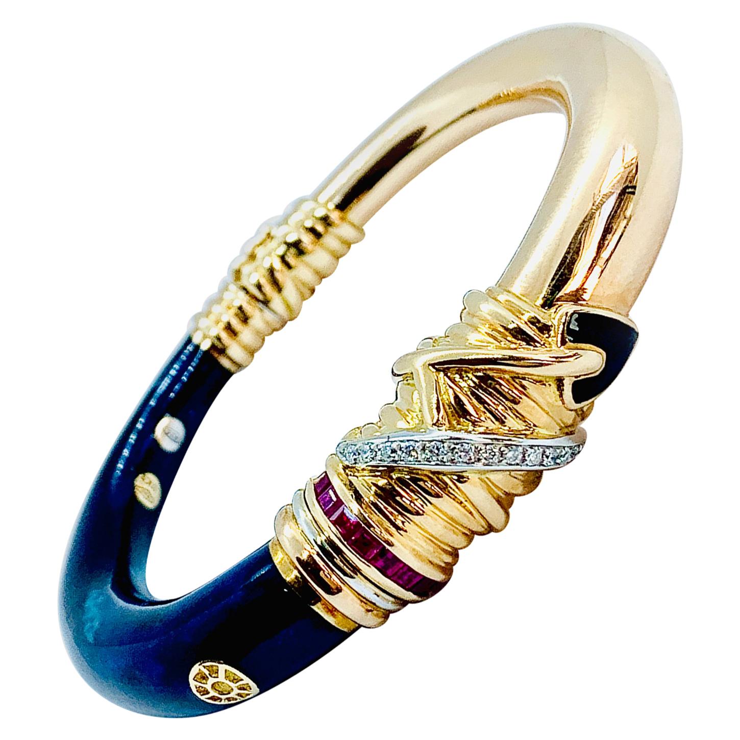 La Nouvelle Bague 18 Karat Gold, Diamond, Ruby and Blue Enamel Bangle Bracelet