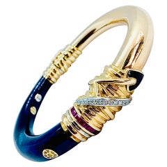 La Nouvelle Bague 18 Karat Gold, Diamond, Ruby and Blue Enamel Bangle Bracelet