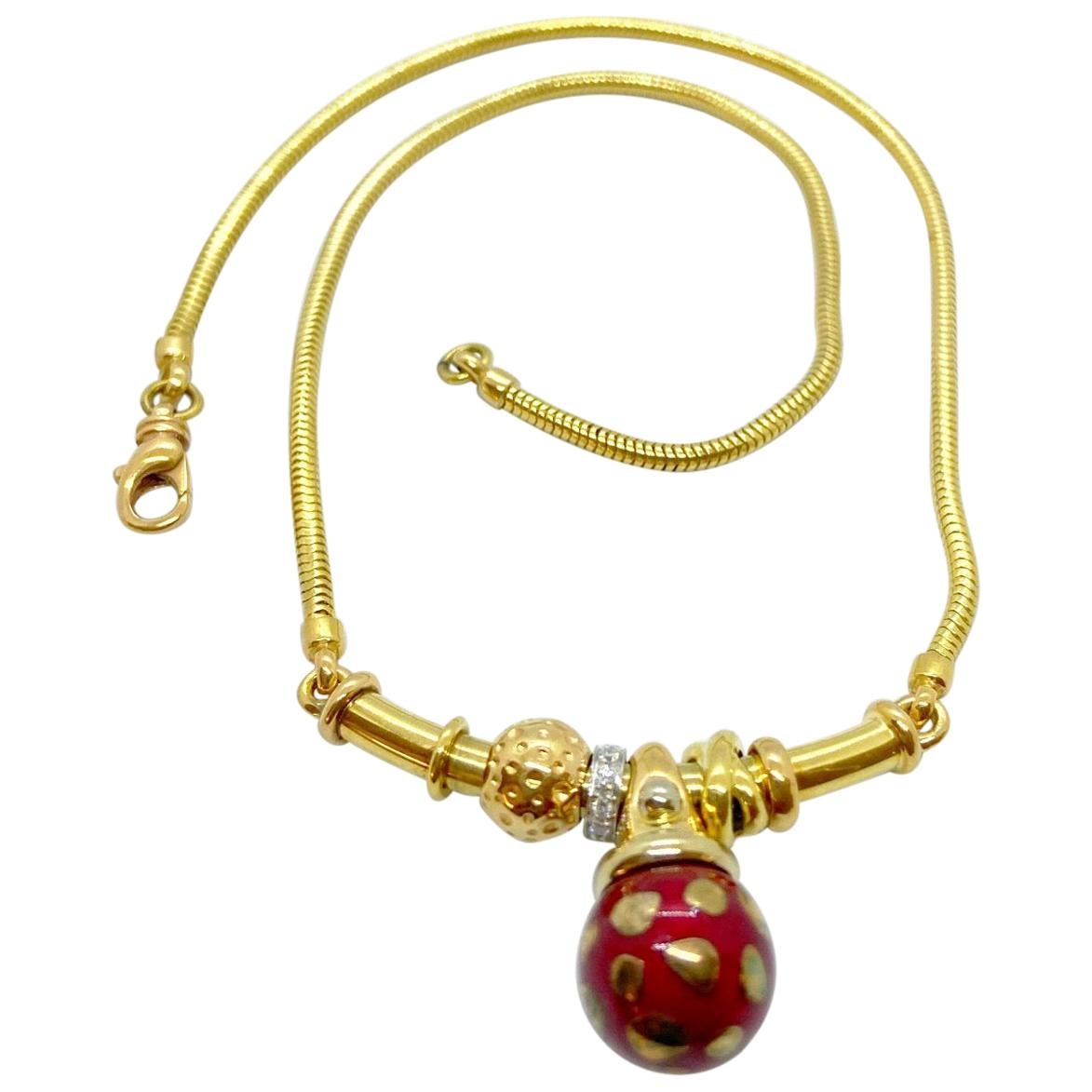 La Nouvelle Bague 18 Karat Gold Necklace with Red Enamel Ball and Diamonds