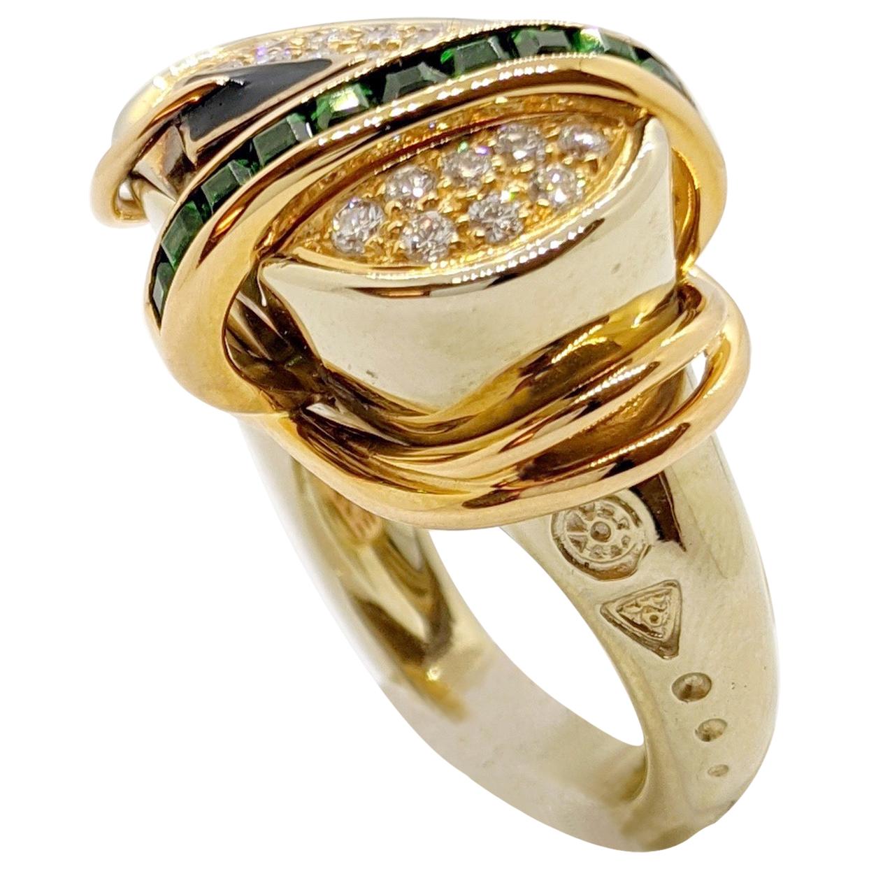 La Nouvelle Bague 18 Karat Rose and White Gold Ring, with Diamonds and Tsavorite For Sale