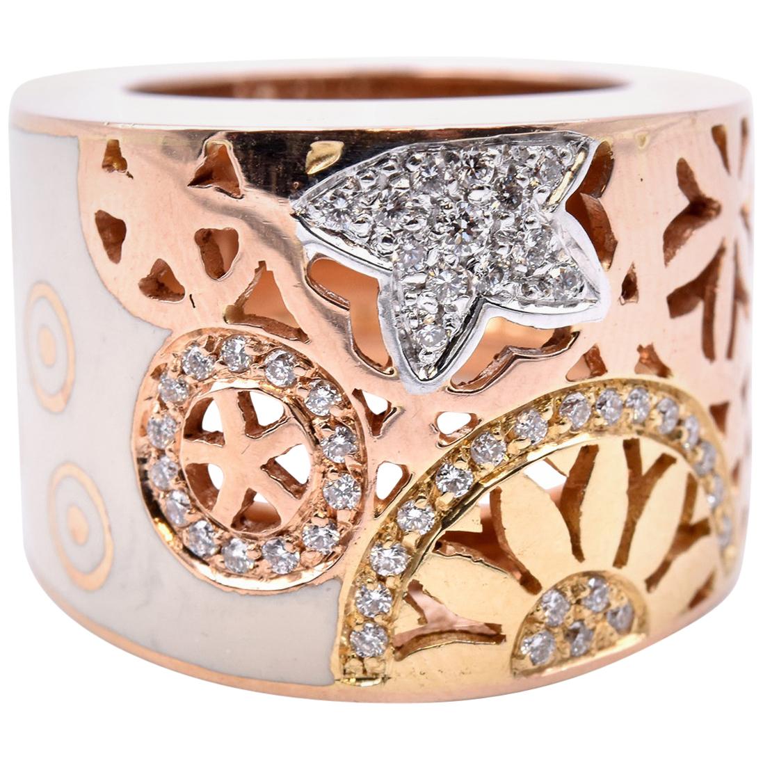 La Nouvelle Bague 18 Karat Rose Gold Floral Enamel Diamond Ring