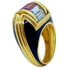 Vintage La Nouvelle Bague 18 Karat Yellow Gold Ring with Enamel and Semi Precious Stones