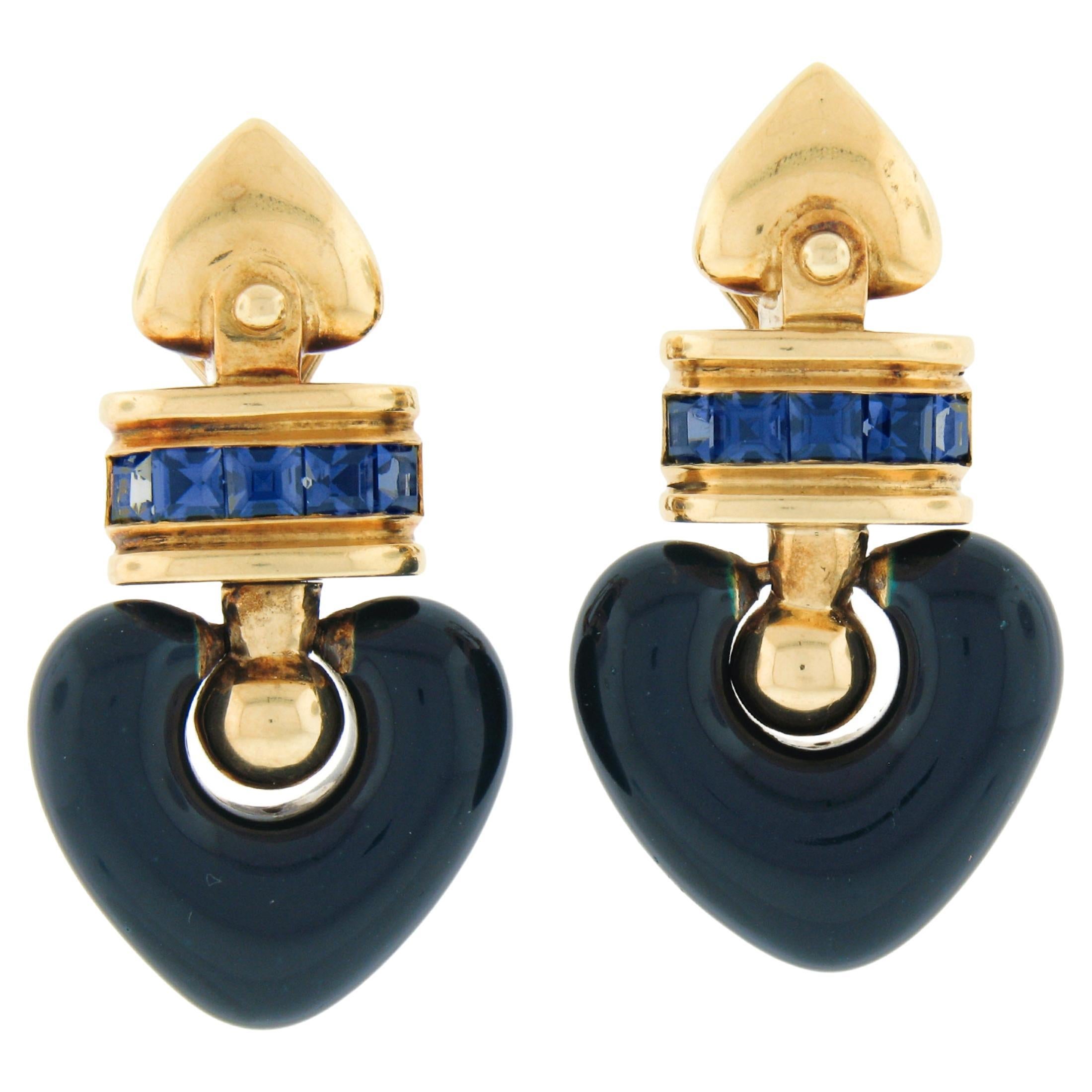 La Nouvelle Bague 18k Gold 1ctw Tanzanite Blue Enamel Heart Drop Dangle Earrings
