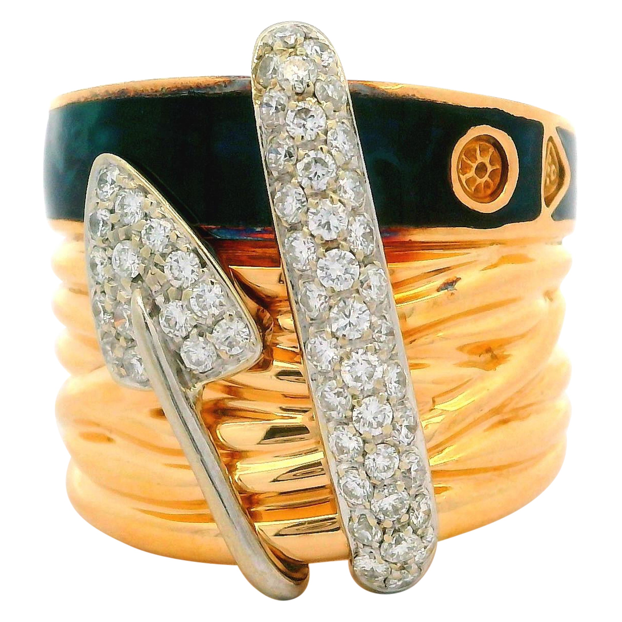 La Nouvelle Bague 18k Gold Diamond 
Enamel 20.8mm Wide Cigar Band Ring