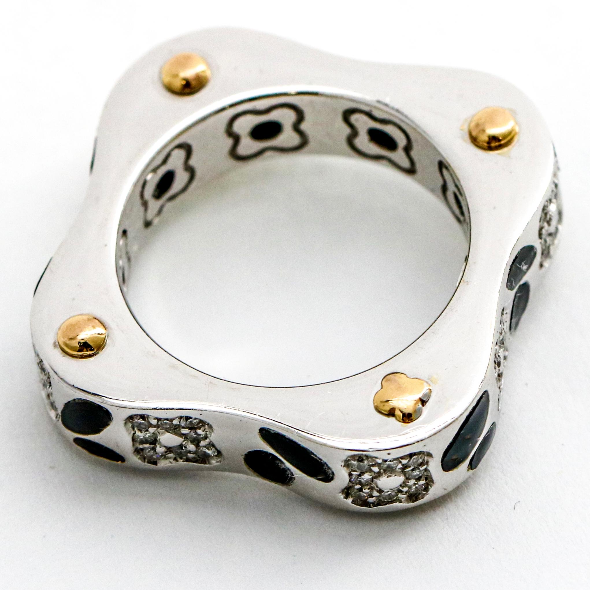 Round Cut La Nouvelle Bague 18 Karat Gold Diamond Enamel Band Ring For Sale