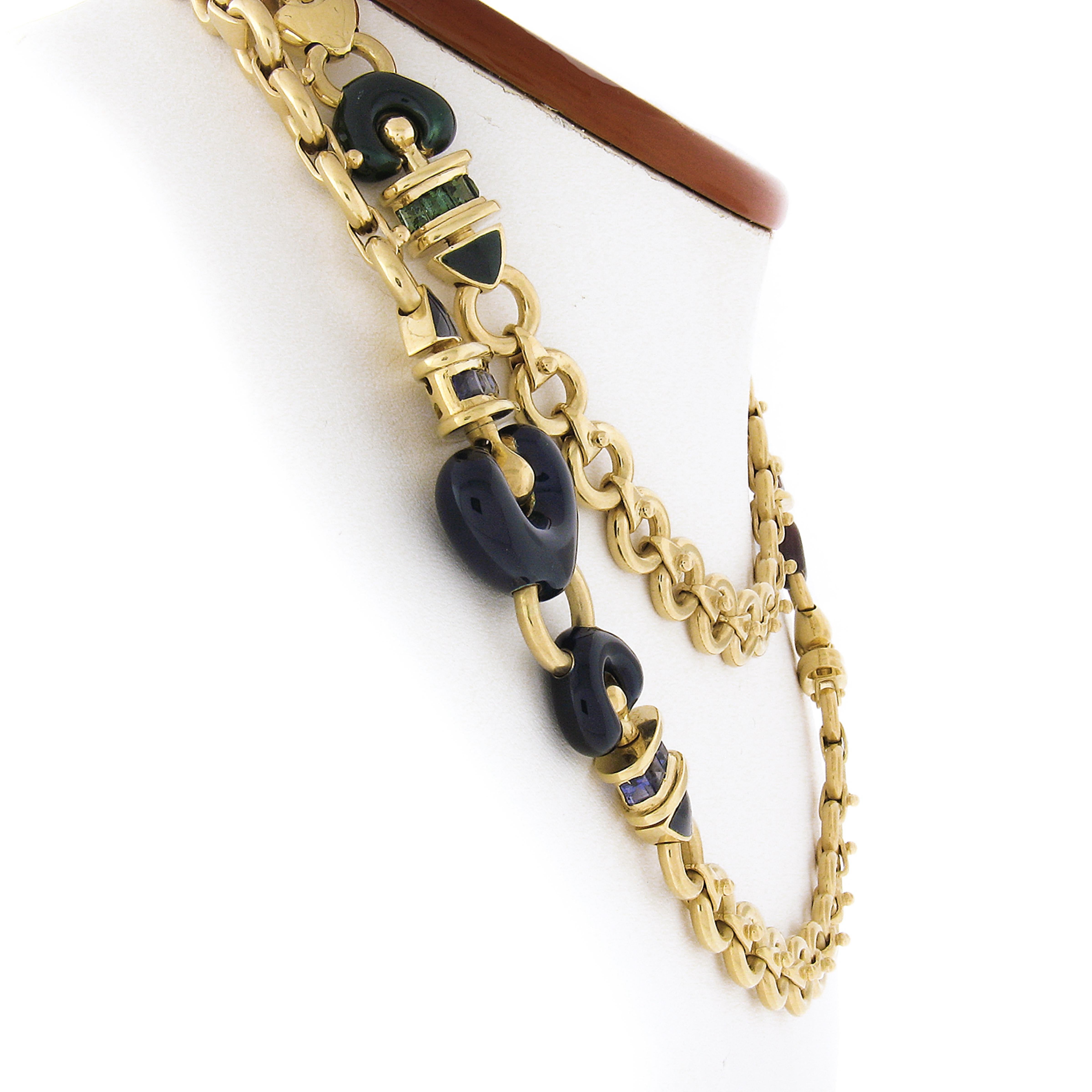 La Nouvelle Bague 18k Gold Multi Edelstein & Emaille lange Fancy Link Kette Halskette (Carréeschliff)