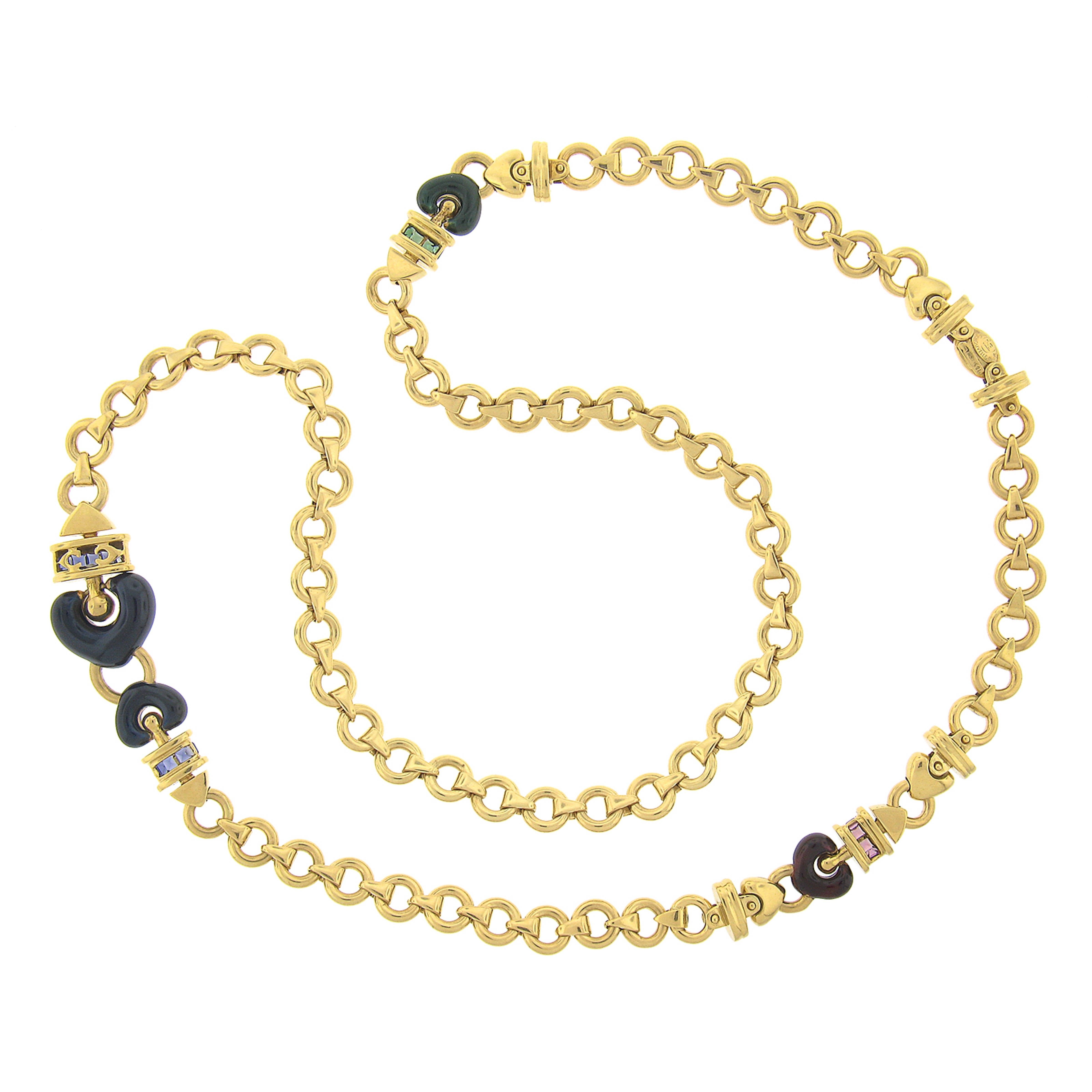 La Nouvelle Bague 18k Gold Multi Edelstein & Emaille lange Fancy Link Kette Halskette im Zustand „Gut“ in Montclair, NJ
