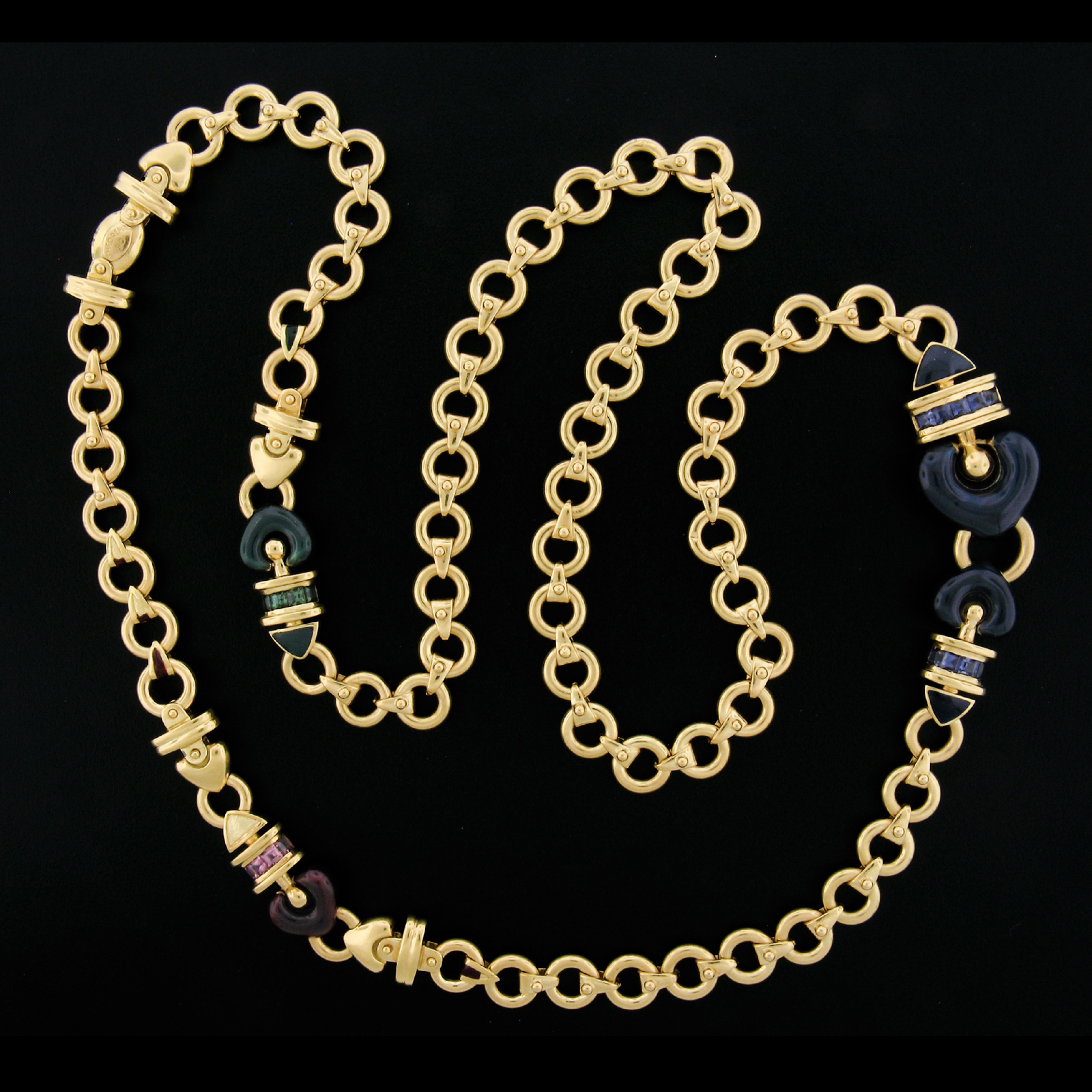 La Nouvelle Bague 18k Gold Multi Edelstein & Emaille lange Fancy Link Kette Halskette für Damen oder Herren