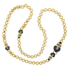 La Nouvelle Bague 18k Gold Multi Gem & Enamel Long Fancy Link Chain Necklace