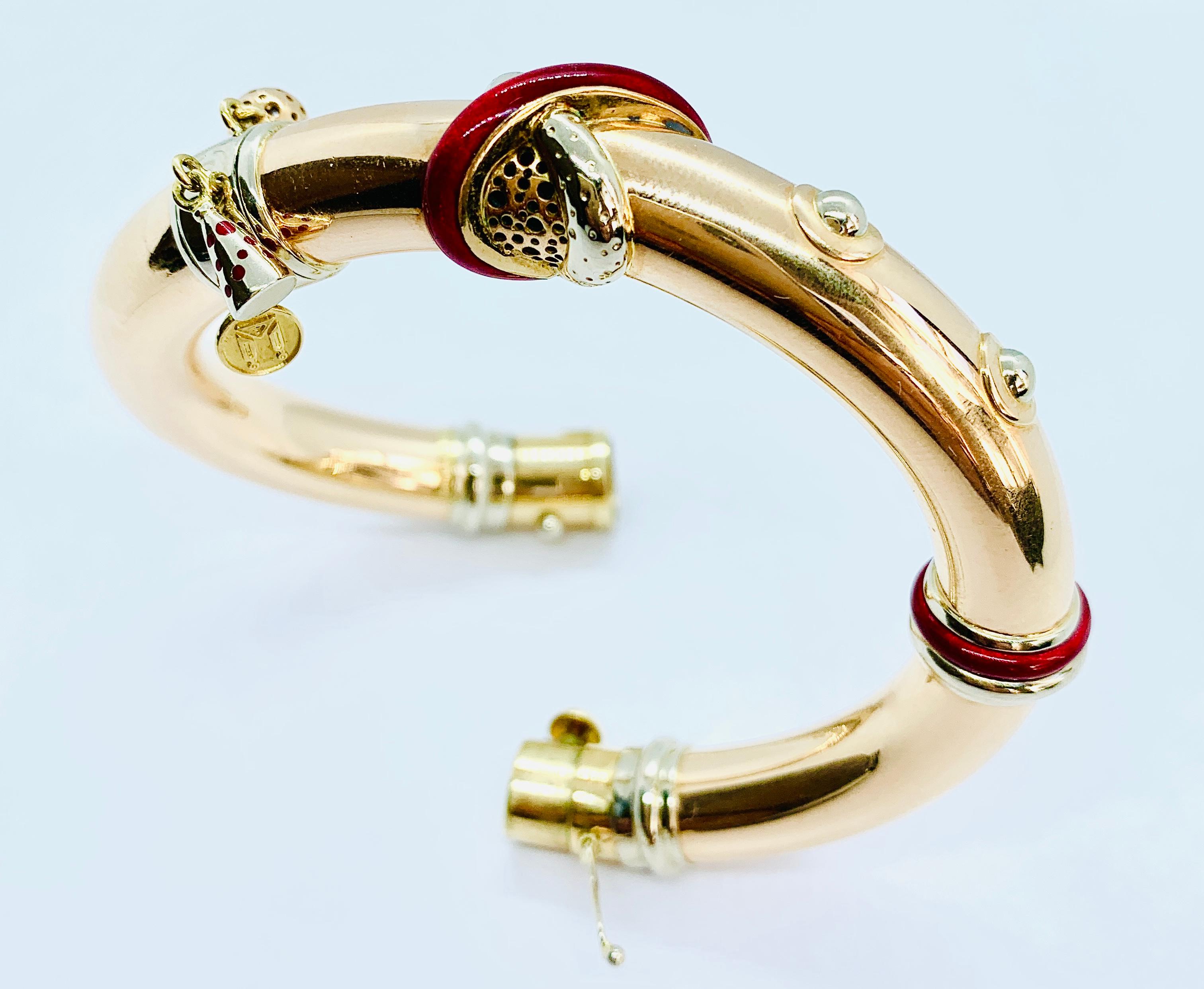 La Nouvelle Bague 18 Karat Yellow Gold and Red Enamel Bangle Bracelet 4