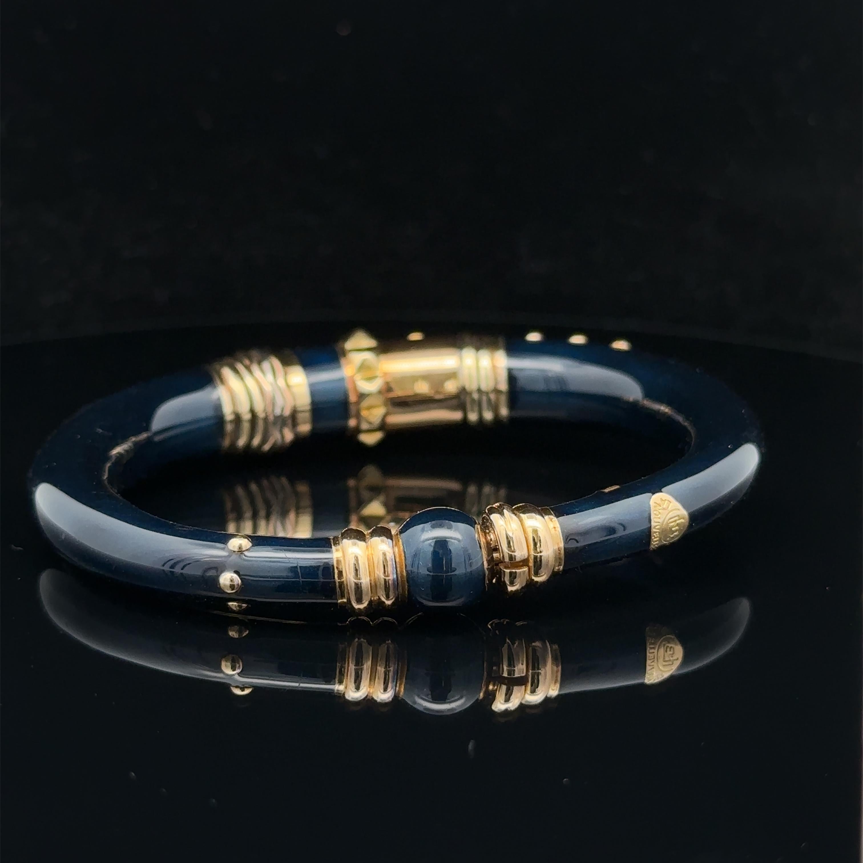 La Nouvelle Bague 18k Yellow Gold & Silver Deep Blue Enamel Bangle Bracelet In Excellent Condition For Sale In Montclair, NJ