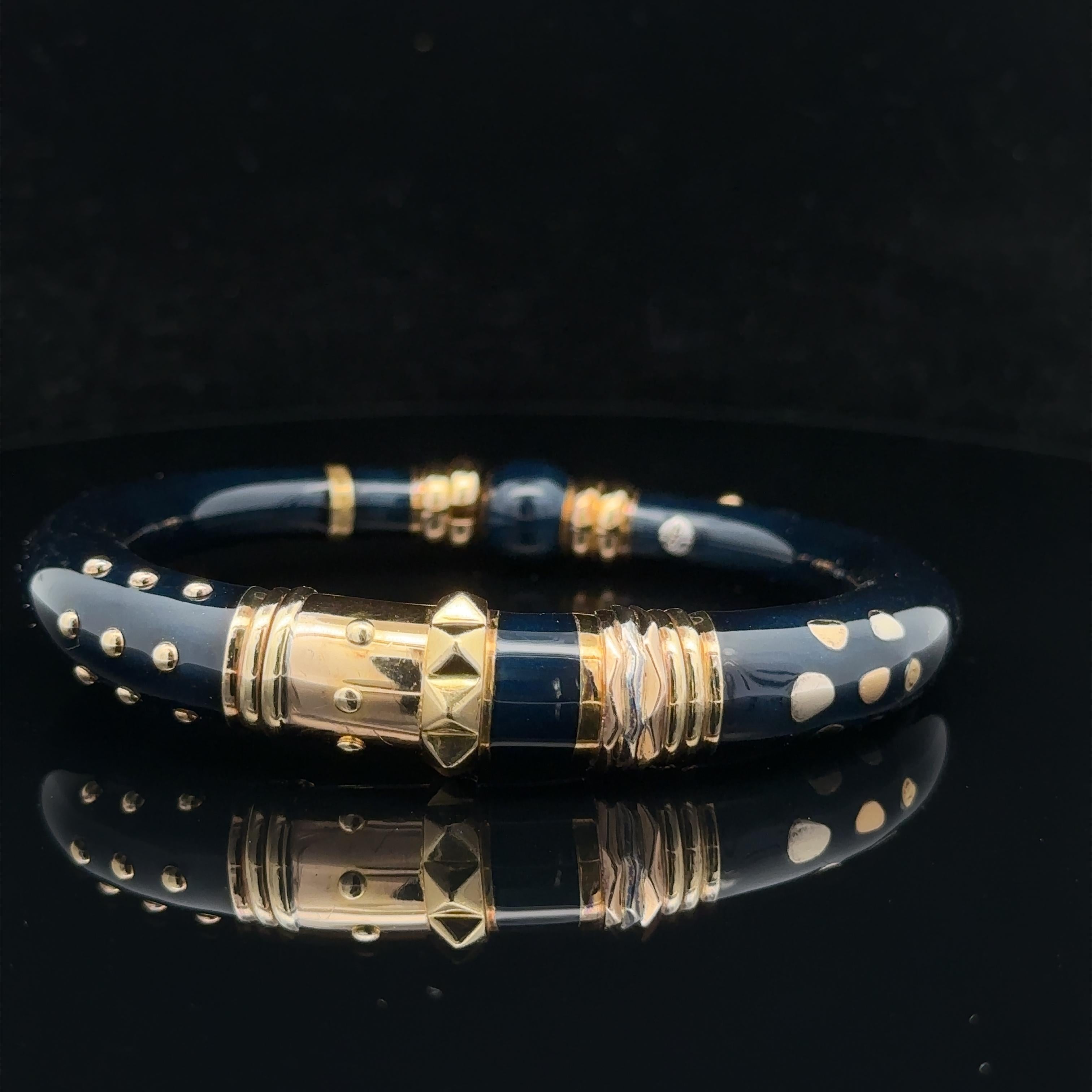 La Nouvelle Bague 18k Yellow Gold & Silver Deep Blue Enamel Bangle Bracelet For Sale 3