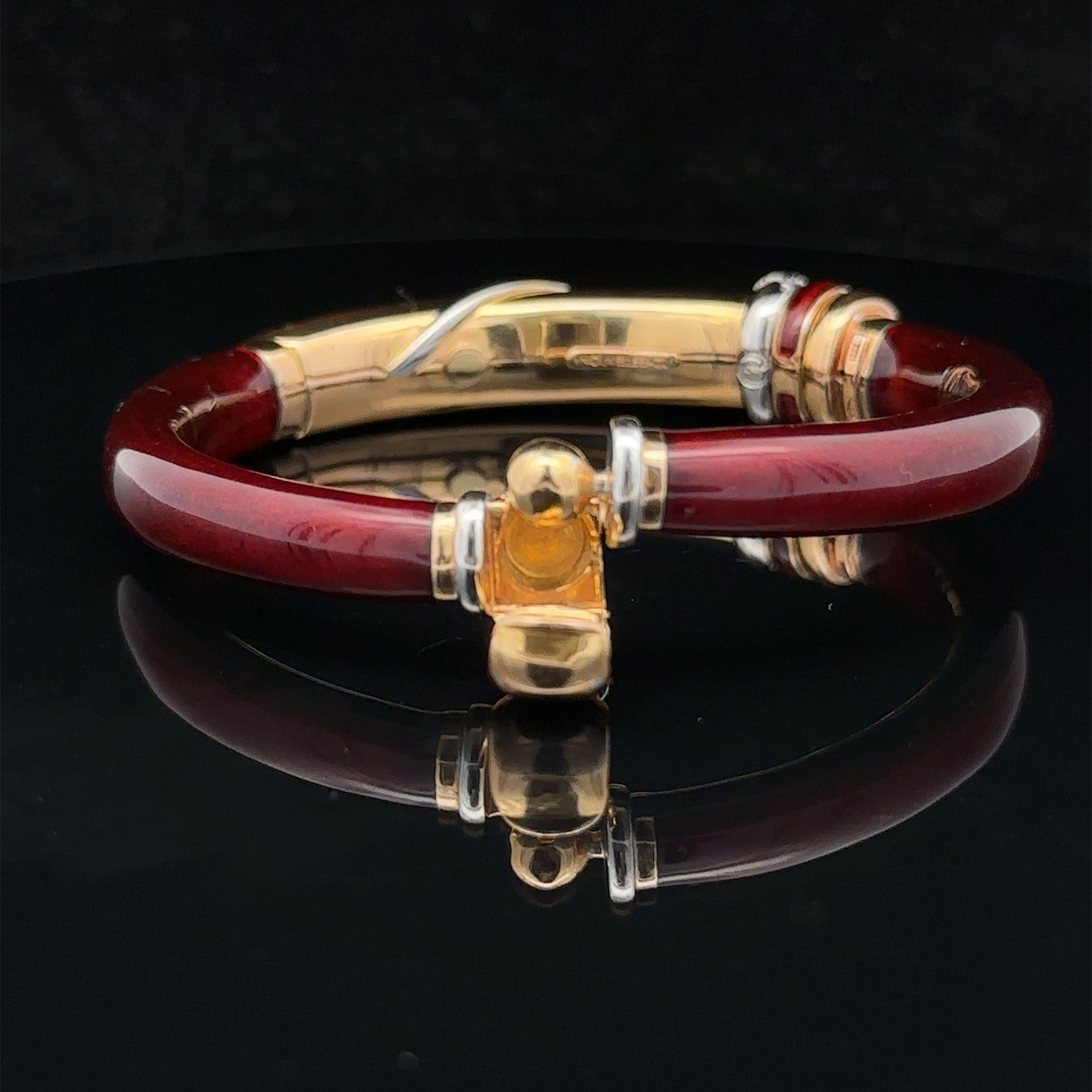 La Nouvelle Bague 18k Yellow Gold & Silver Red Enamel Diamond Bangle Bracelet For Sale 5