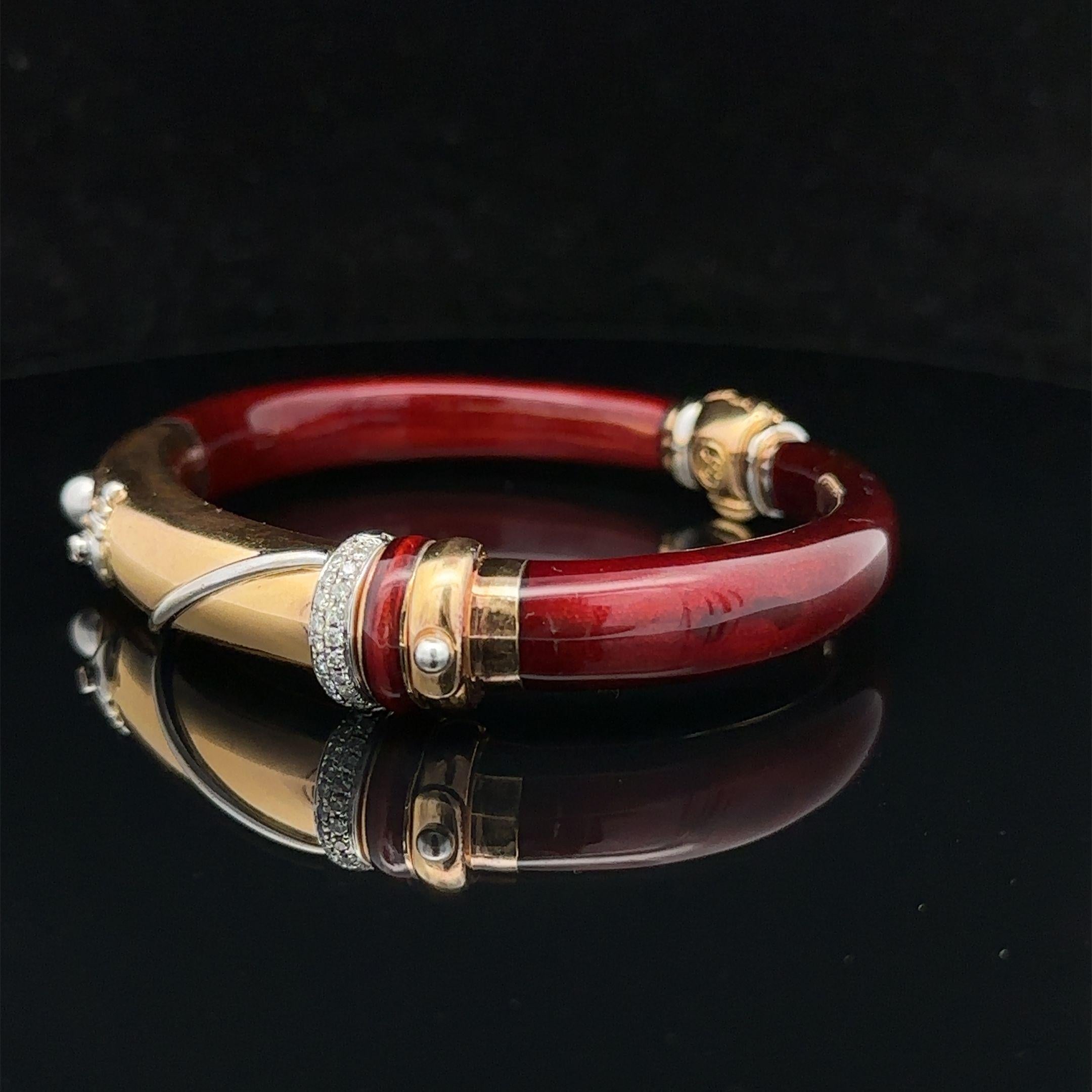 La Nouvelle Bague 18k Yellow Gold & Silver Red Enamel Diamond Bangle Bracelet For Sale 6