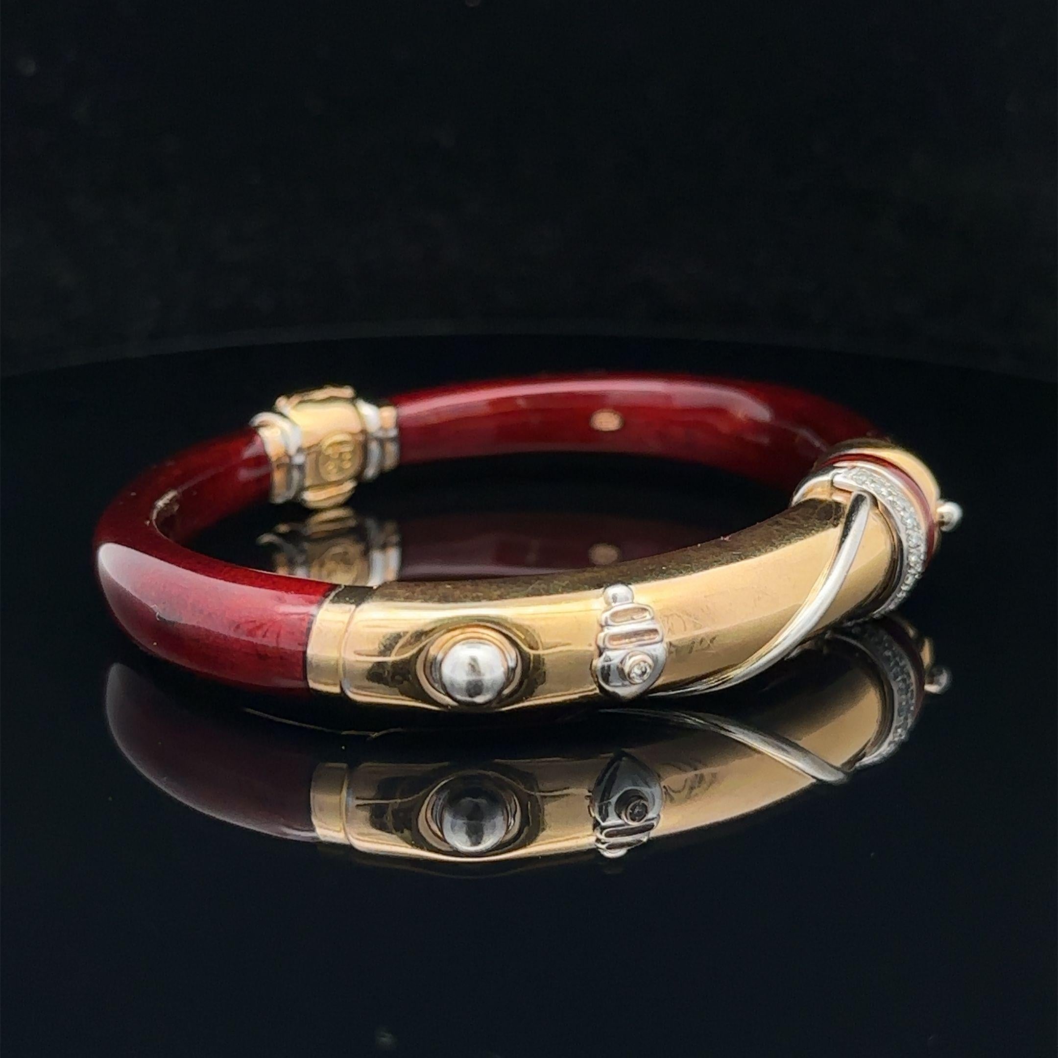 La Nouvelle Bague 18k Yellow Gold & Silver Red Enamel Diamond Bangle Bracelet For Sale 9