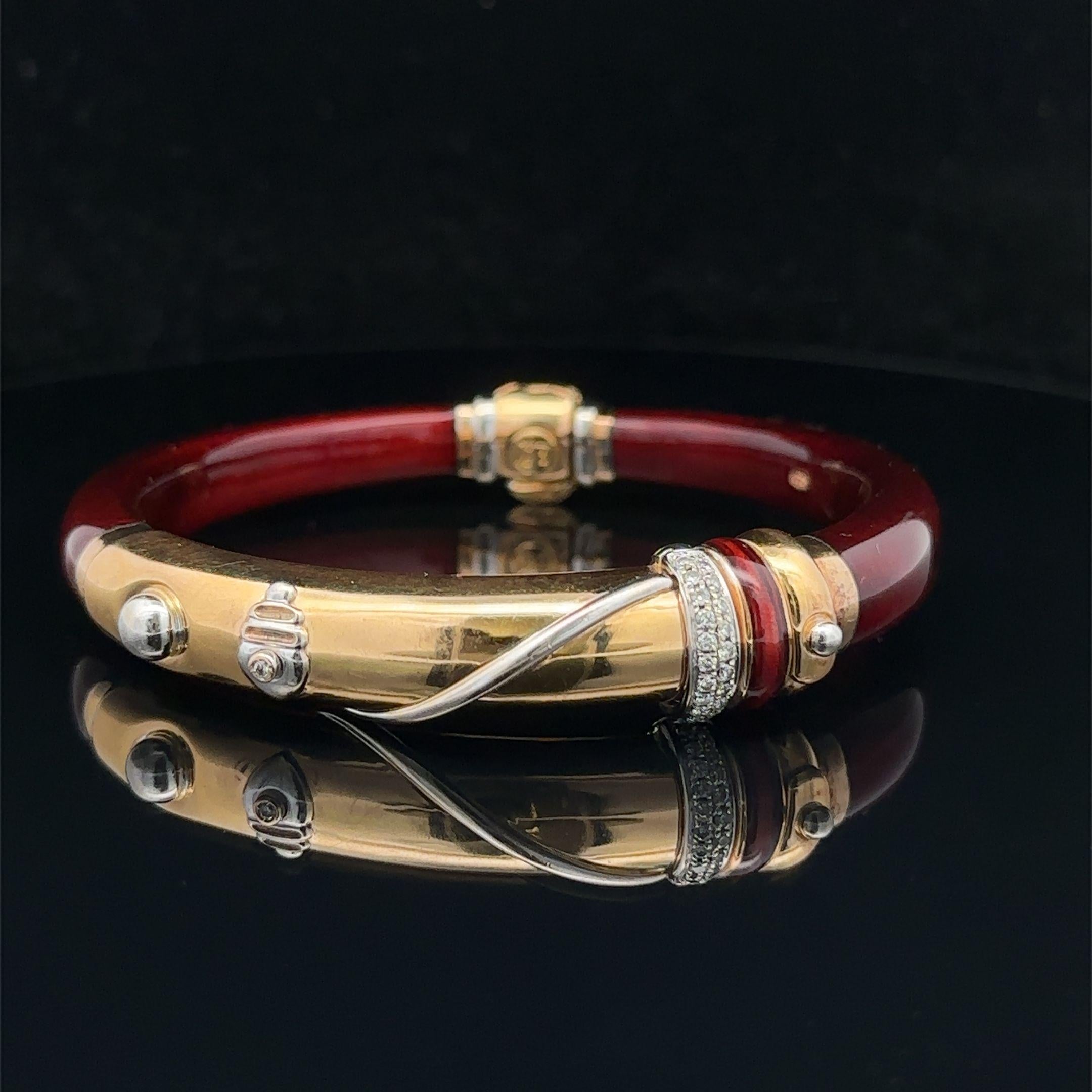 La Nouvelle Bague 18k Yellow Gold & Silver Red Enamel Diamond Bangle Bracelet For Sale 10