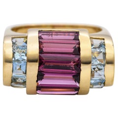 La Nouvelle Bague 18k Yellow Gold Tourmaline and Aqua Chanel Set Statement Ring