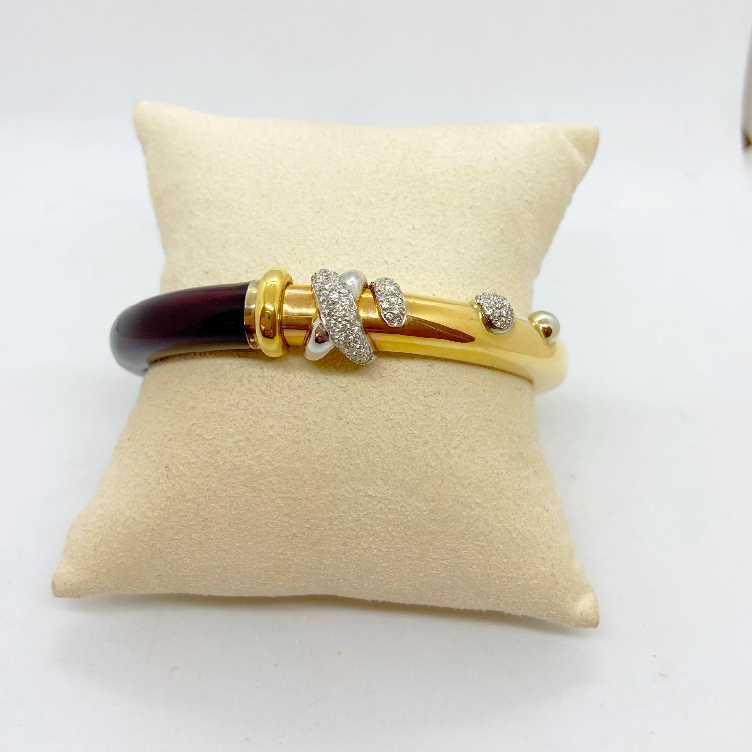 Round Cut La Nouvelle Bague 18KT Rose Gold, Burgundy Enamel and .59 Carat Diamond Bracelet For Sale