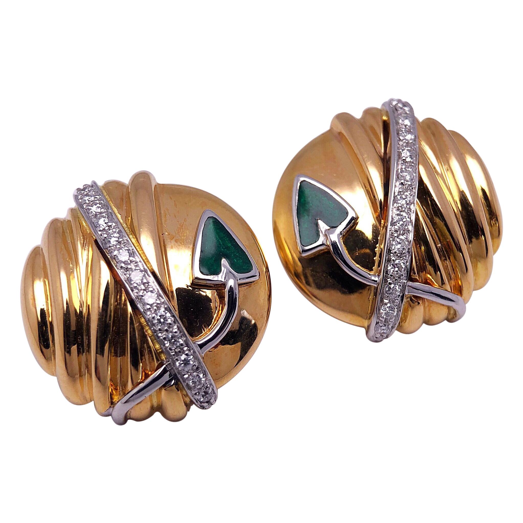 La Nouvelle Bague 18 Karat Gold Earrings with Diamond .32 Carat and Green Enamel For Sale