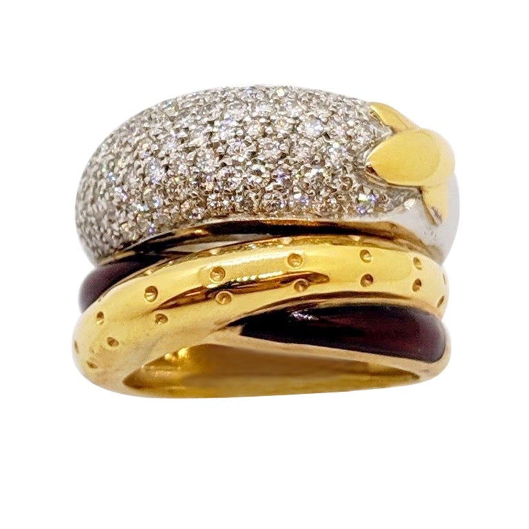 La Nouvelle Bague 18KT Rose and White Gold, 1.76Ct Diamond and Enamel  Crossover Ring at 1stDibs