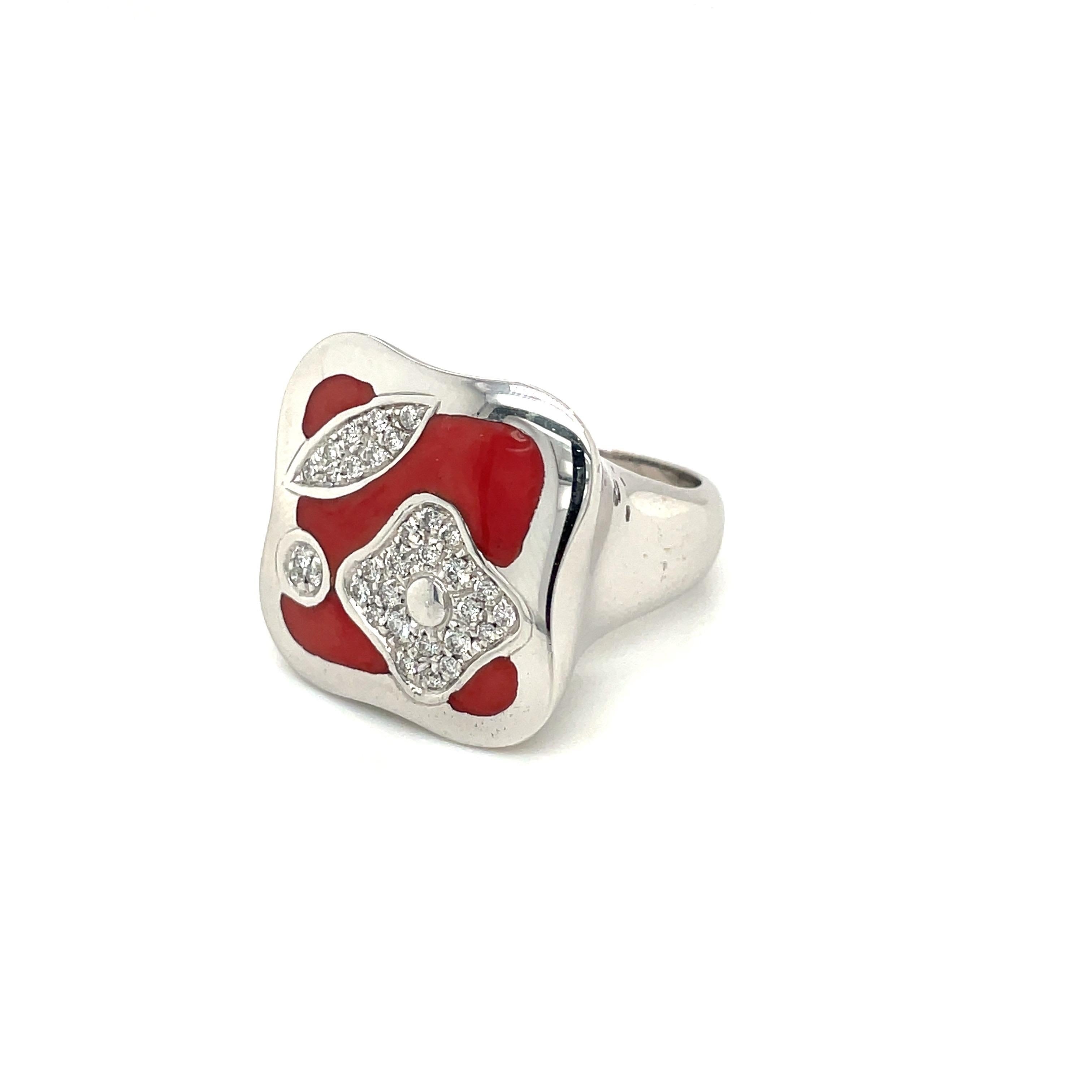 Women's or Men's La Nouvelle Bague 18KT White Gold 0.39Ct. Diamond & Red Enamel Fiori Ring