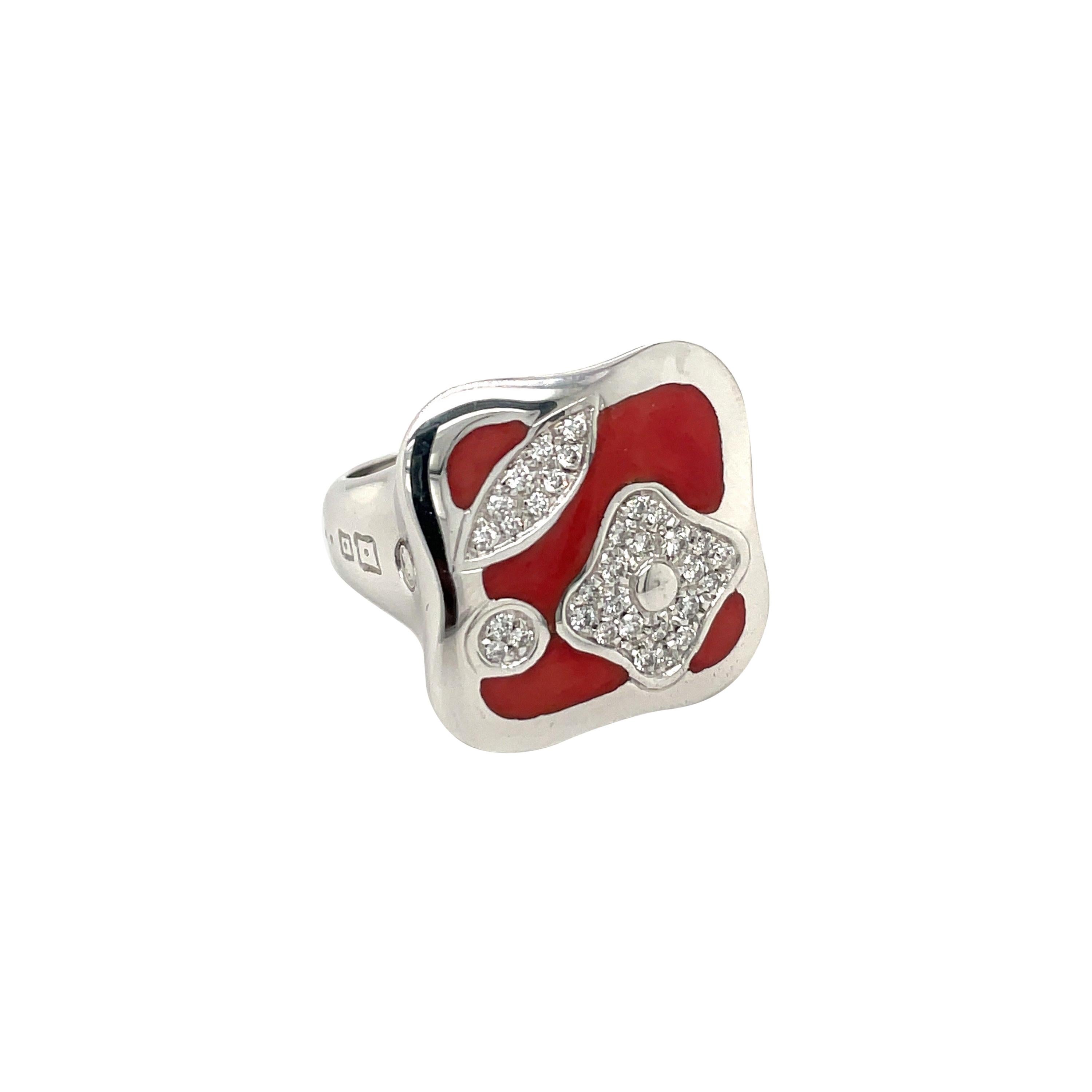 La Nouvelle Bague 18KT White Gold 0.39Ct. Diamond & Red Enamel Fiori Ring