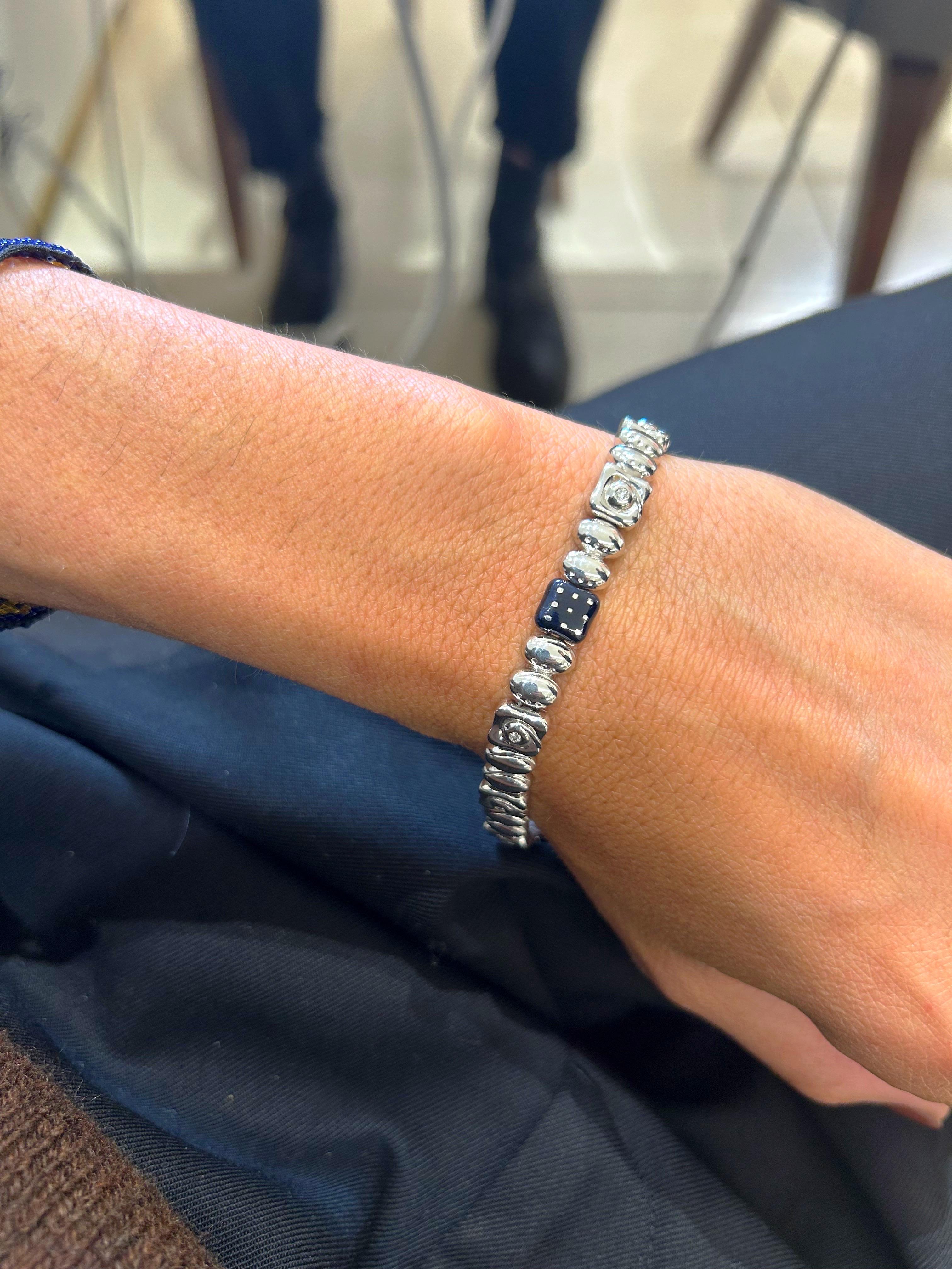 La Nouvelle Bague 18KT White Gold Bracelet with .12Cts Diamond and Blue Enamel In New Condition For Sale In New York, NY