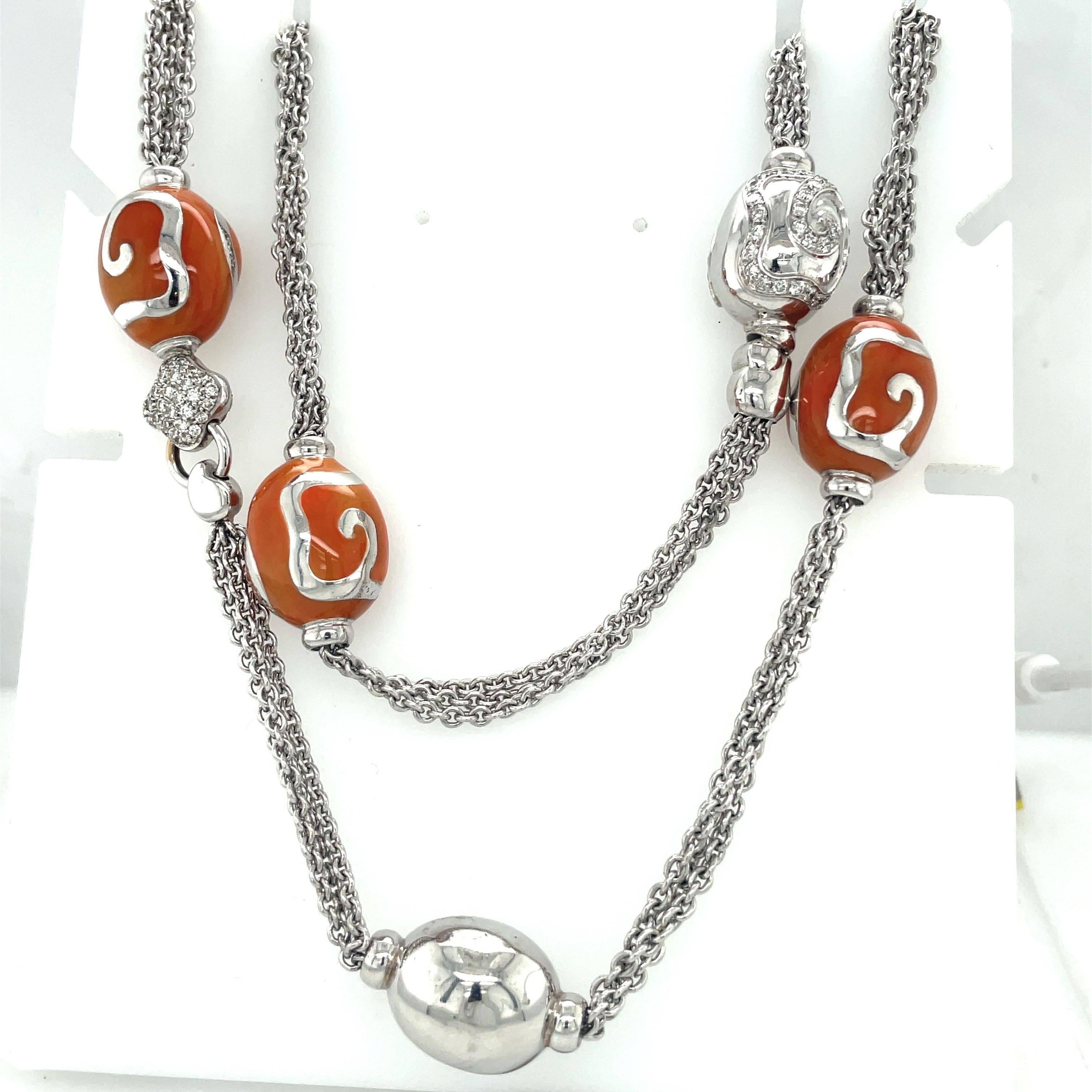 Contemporary La Nouvelle Bague 18KT White Gold, Diamond and Peach Enamel Long Necklace