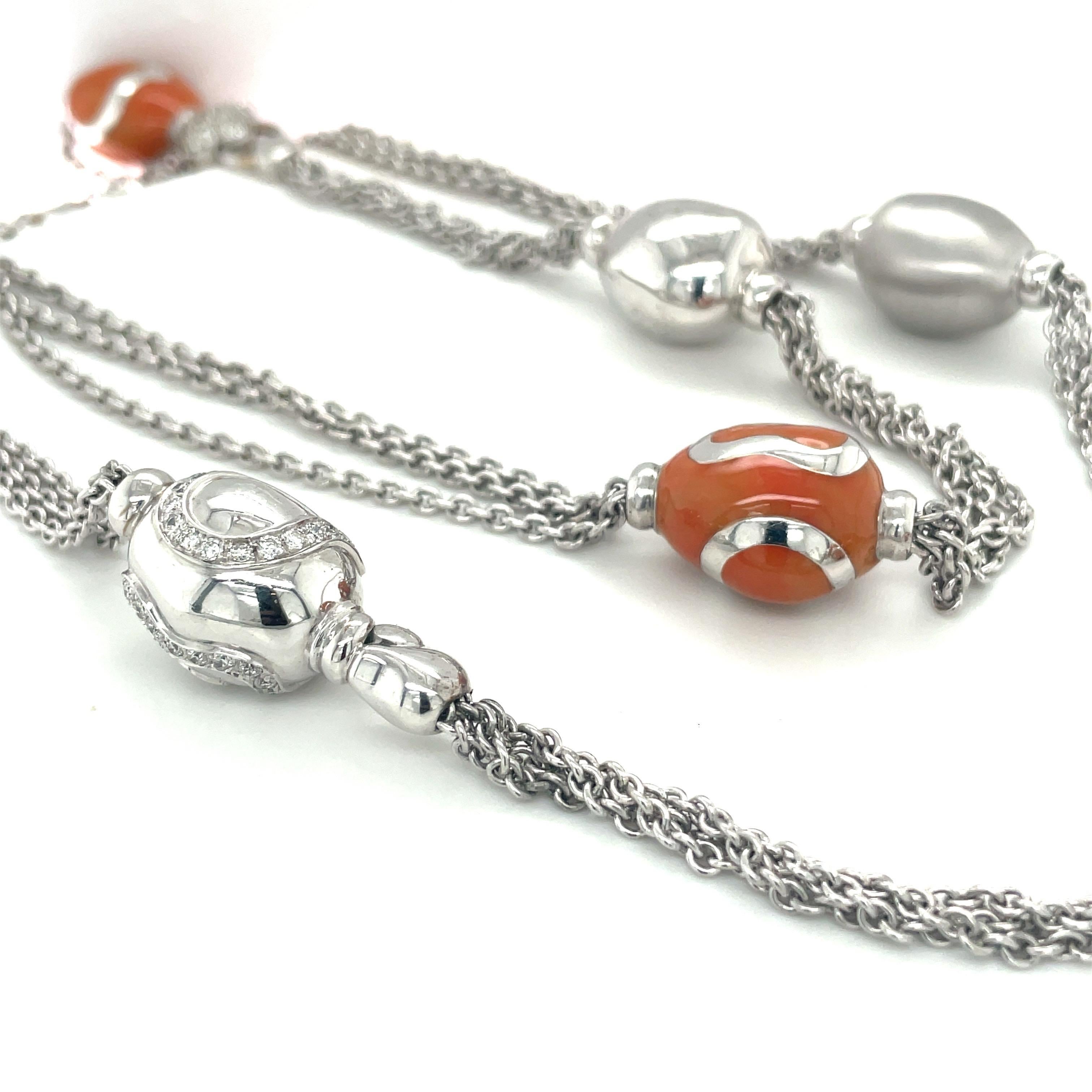 La Nouvelle Bague 18KT White Gold, Diamond and Peach Enamel Long Necklace In New Condition In New York, NY